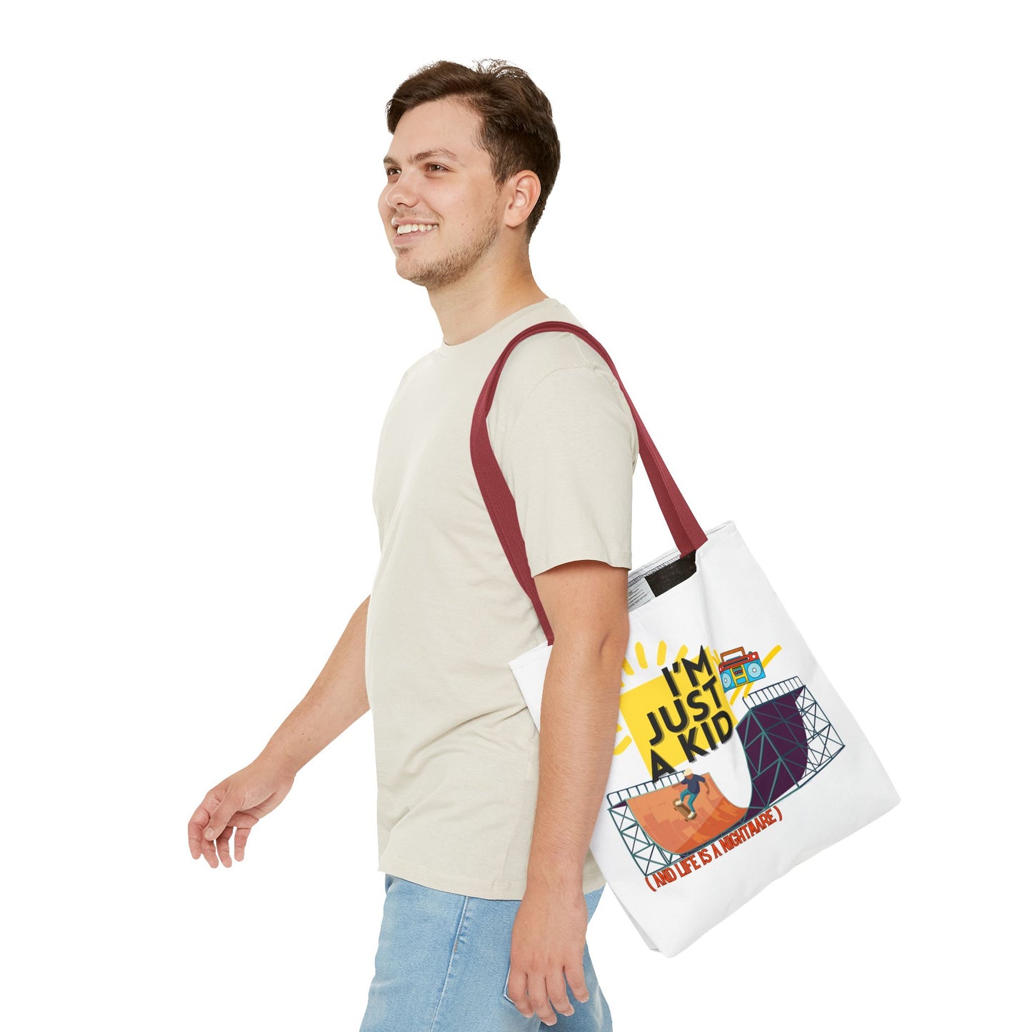 “I’m Just a Kid” Emotional Baggage Tote, Fun Kids Tote, Birthday Gift, School Bag, Everyday Essentials, AOP Design - Mixtape Hearts