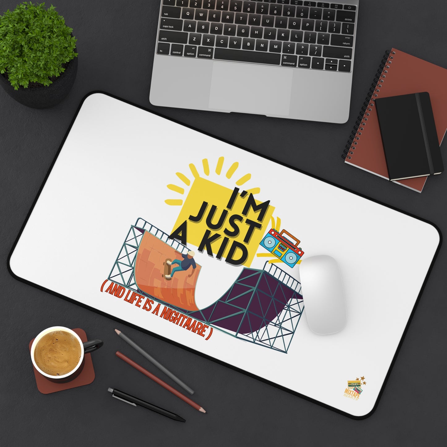 “I’m Just a Kid” – Skateboarder Desk Mat for Emotionally Draining Tasks - Fun & Playful Office Decor, Gamer Gift, Unique Desk Accessories, Motivational Gifts, Birthday Present - Mixtape Hearts