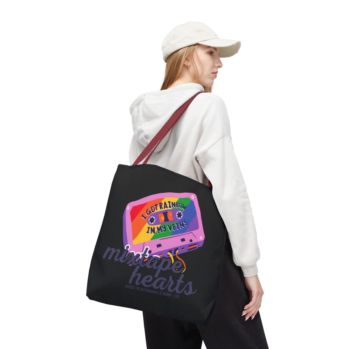 Raised on Boybands & Burnt CDs Tote Bag – Nostalgic Music Tote, Cute Tote, Gift for Fangirls, Fan Merchandise, Artsy Bag, AOP Design - Mixtape Hearts