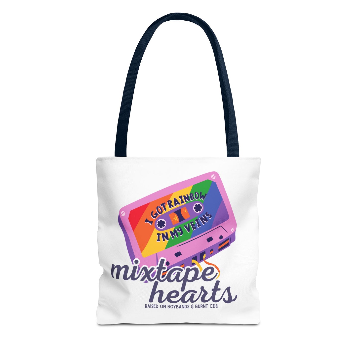 Raised on Boybands & Burnt CDs Tote Bag – Nostalgic Music Tote, Cute Tote, Gift for Fangirls, Fan Merchandise, Artsy Bag, AOP Design - Mixtape Hearts