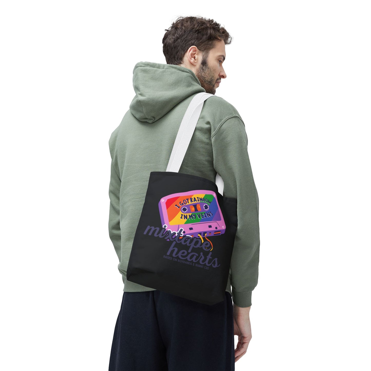 Raised on Boybands & Burnt CDs Tote Bag – Nostalgic Music Tote, Cute Tote, Gift for Fangirls, Fan Merchandise, Artsy Bag, AOP Design - Mixtape Hearts