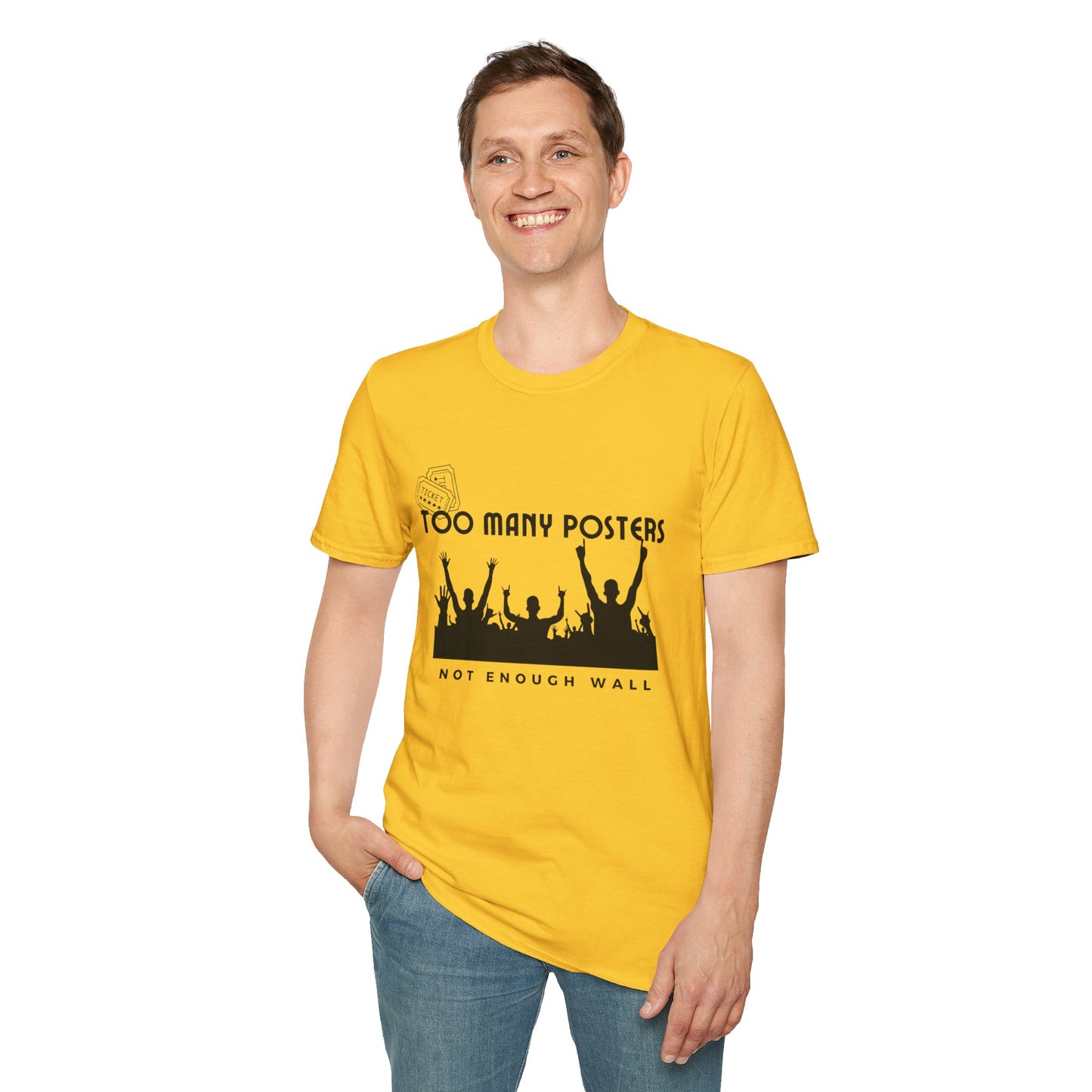 Too Many Posters, Not Enough Wall – 90s Nostalgia Unisex Tee| Gift for Walkman Fans, Vintage Style Tee, Casual Wear, Concert Outfit, Unisex Apparel - Mixtape Hearts