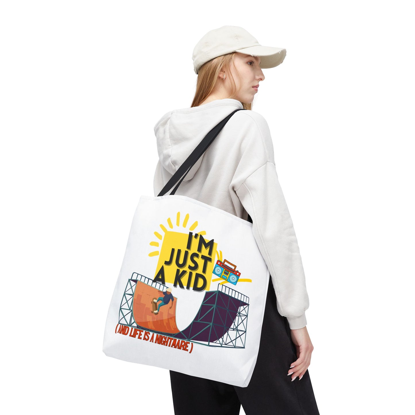 “I’m Just a Kid” Emotional Baggage Tote, Fun Kids Tote, Birthday Gift, School Bag, Everyday Essentials, AOP Design - Mixtape Hearts