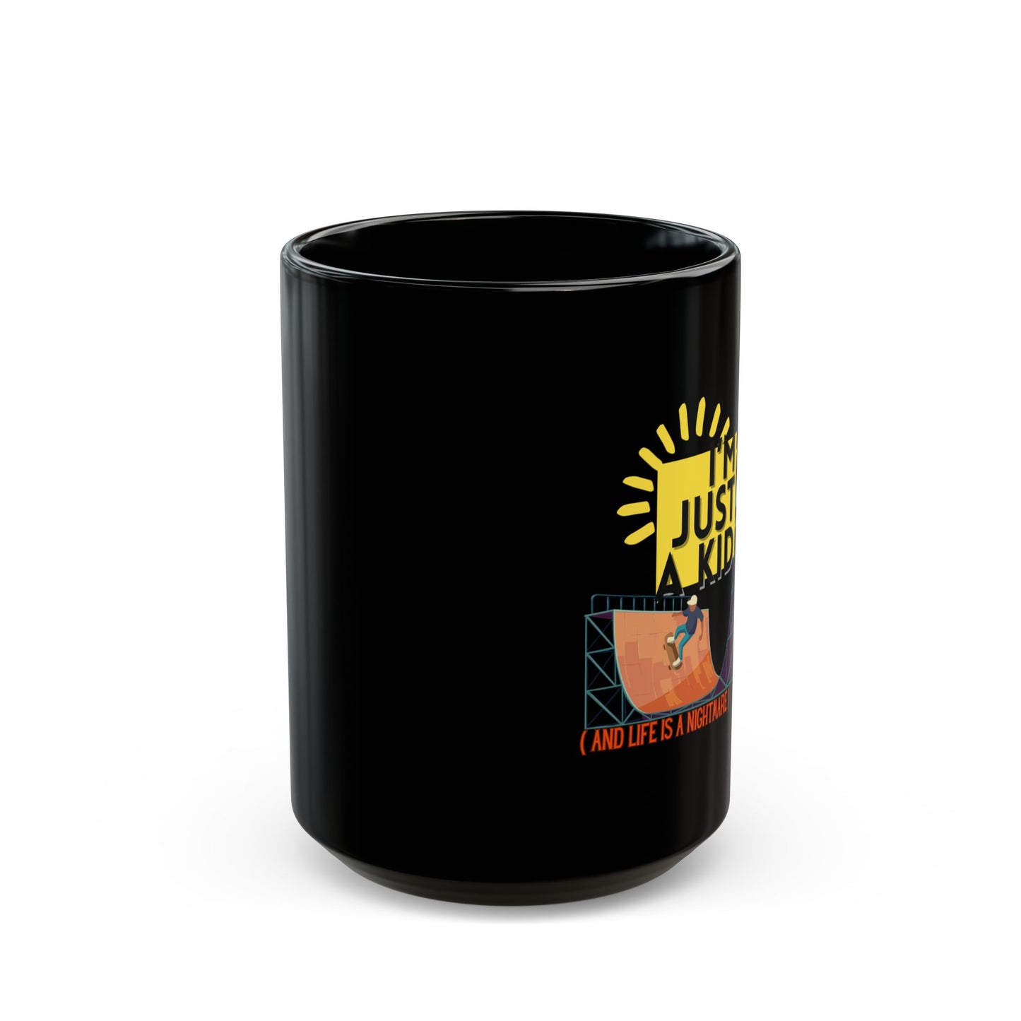 “I’m Just a Kid” Cry-While-Sipping Black Mug – Skateboarding Vibes, Perfect for Gifts, Birthdays, Coffee Lovers, Cheerful Home Decor - Mixtape Hearts