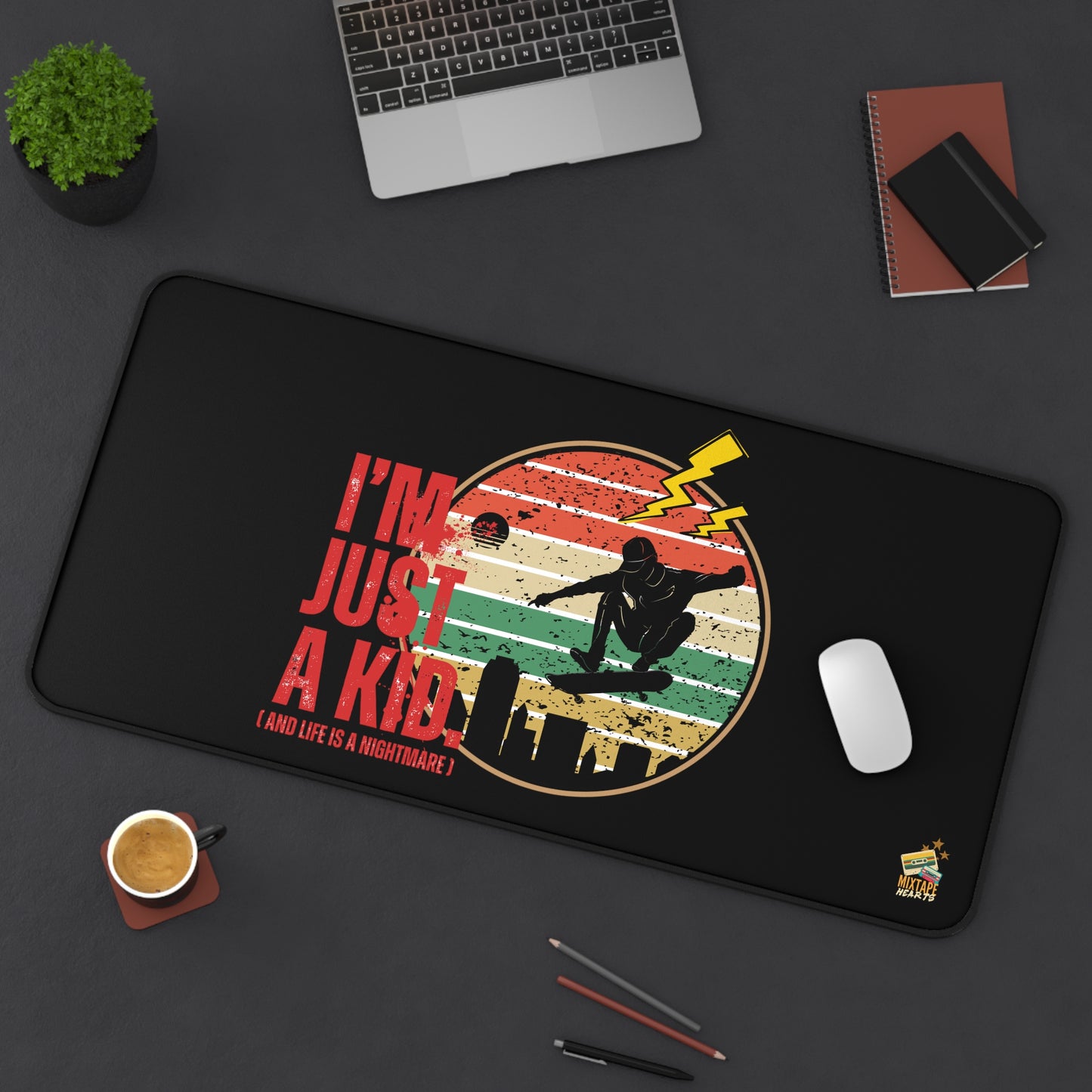 “I’m Just a Kid” – Emo Desk Mat for Emotionally Draining Tasks, Creative Workspace Decor, Gamer Gift, Fun Classroom Accessory, Quirky Office Decor - Mixtape Hearts