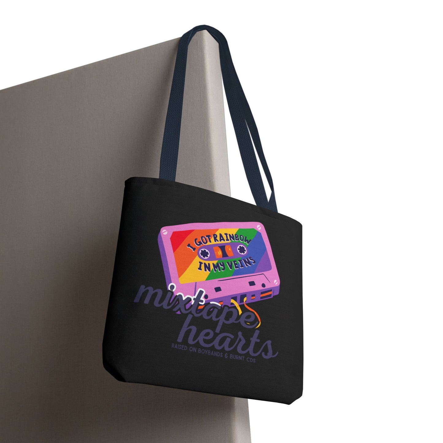 Raised on Boybands & Burnt CDs Tote Bag – Nostalgic Music Tote, Cute Tote, Gift for Fangirls, Fan Merchandise, Artsy Bag, AOP Design - Mixtape Hearts