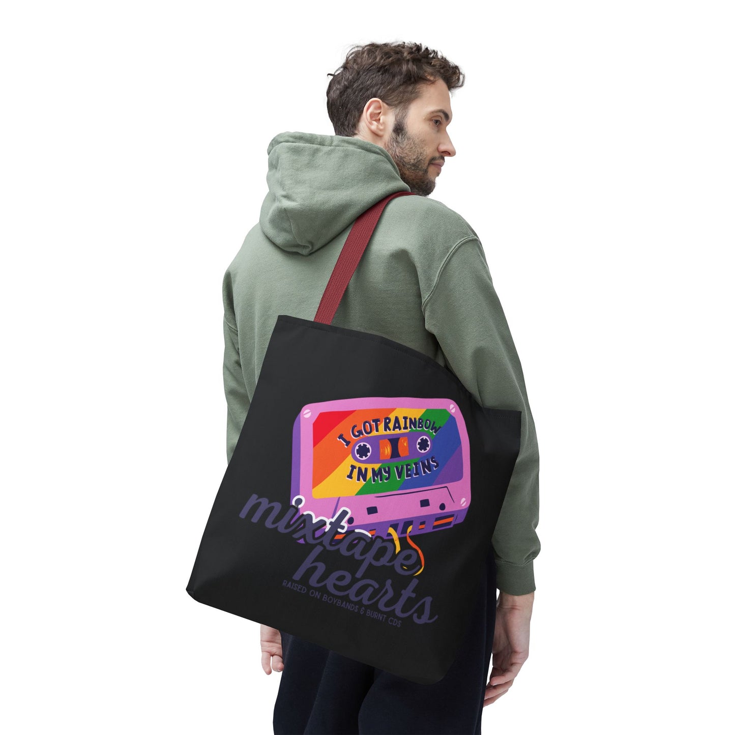 Raised on Boybands & Burnt CDs Tote Bag – Nostalgic Music Tote, Cute Tote, Gift for Fangirls, Fan Merchandise, Artsy Bag, AOP Design - Mixtape Hearts