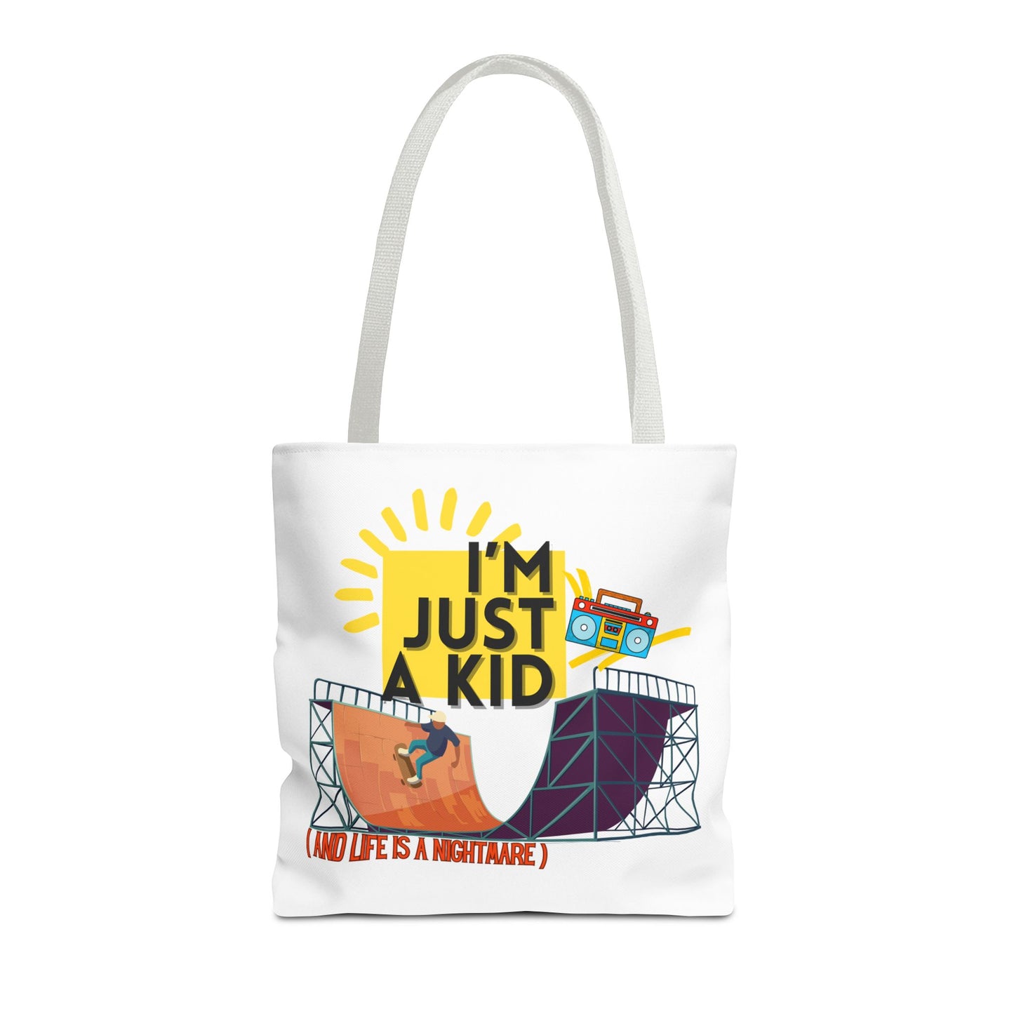 “I’m Just a Kid” Emotional Baggage Tote, Fun Kids Tote, Birthday Gift, School Bag, Everyday Essentials, AOP Design - Mixtape Hearts