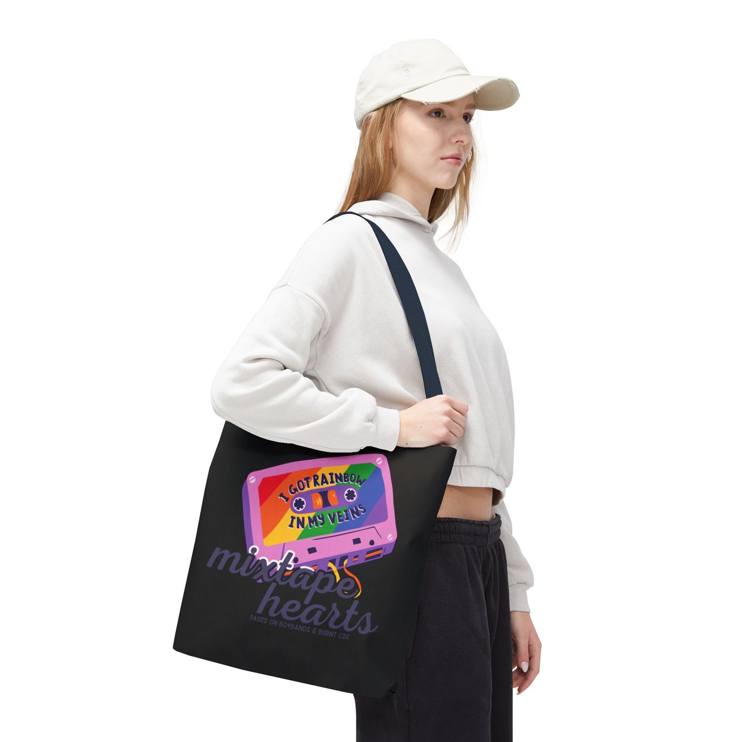 Raised on Boybands & Burnt CDs Tote Bag – Nostalgic Music Tote, Cute Tote, Gift for Fangirls, Fan Merchandise, Artsy Bag, AOP Design - Mixtape Hearts