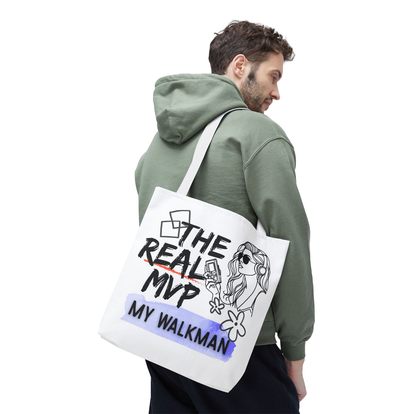 The Real MVP: My Walkman – Cassette Era Tote Bag - AOP, Fun and Stylish, Perfect for Music Lovers, Gift for Friends, Everyday Use, Beach Bag, Eco-Friendly - Mixtape Hearts