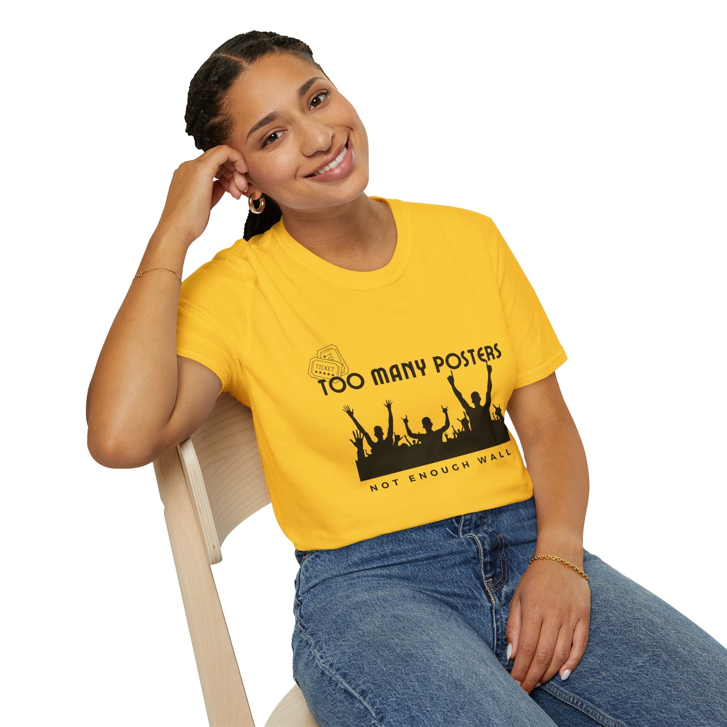 Too Many Posters, Not Enough Wall – 90s Nostalgia Unisex Tee| Gift for Walkman Fans, Vintage Style Tee, Casual Wear, Concert Outfit, Unisex Apparel - Mixtape Hearts