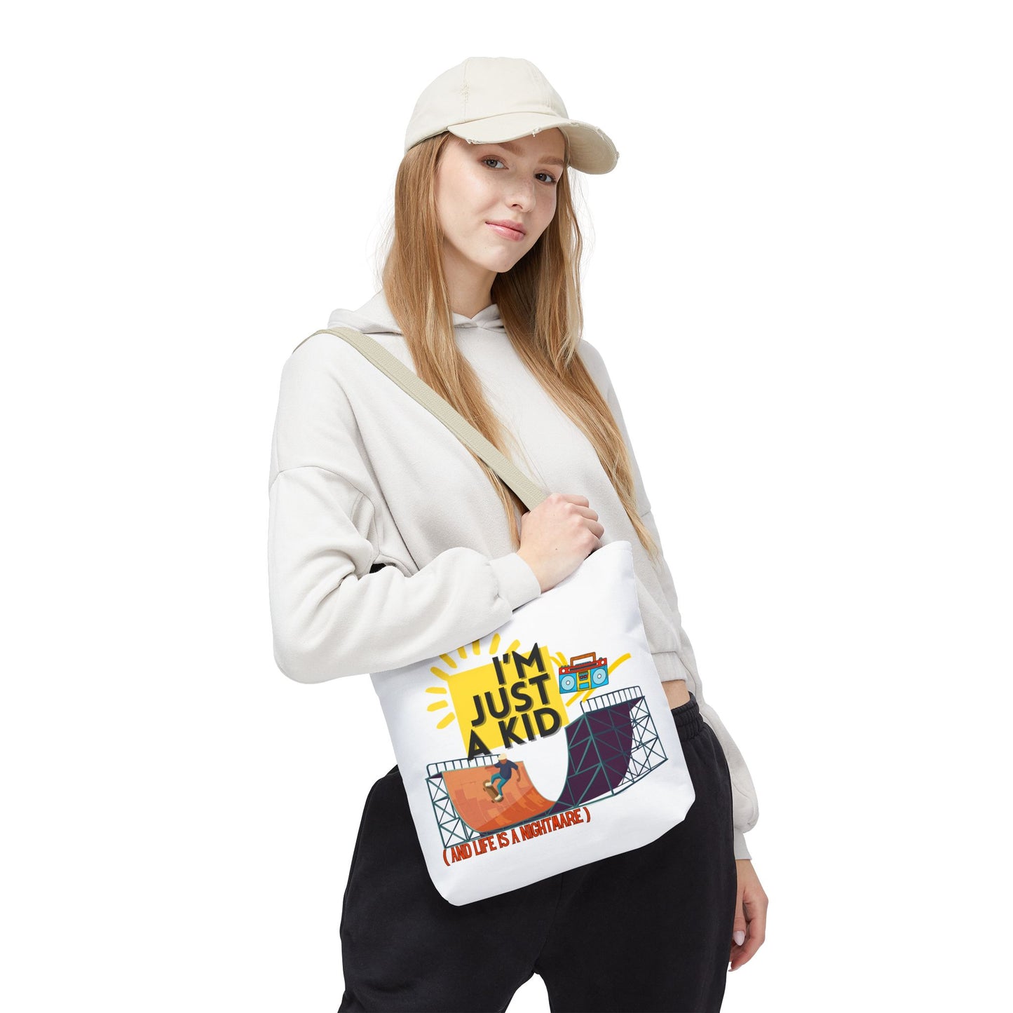 “I’m Just a Kid” Emotional Baggage Tote, Fun Kids Tote, Birthday Gift, School Bag, Everyday Essentials, AOP Design - Mixtape Hearts
