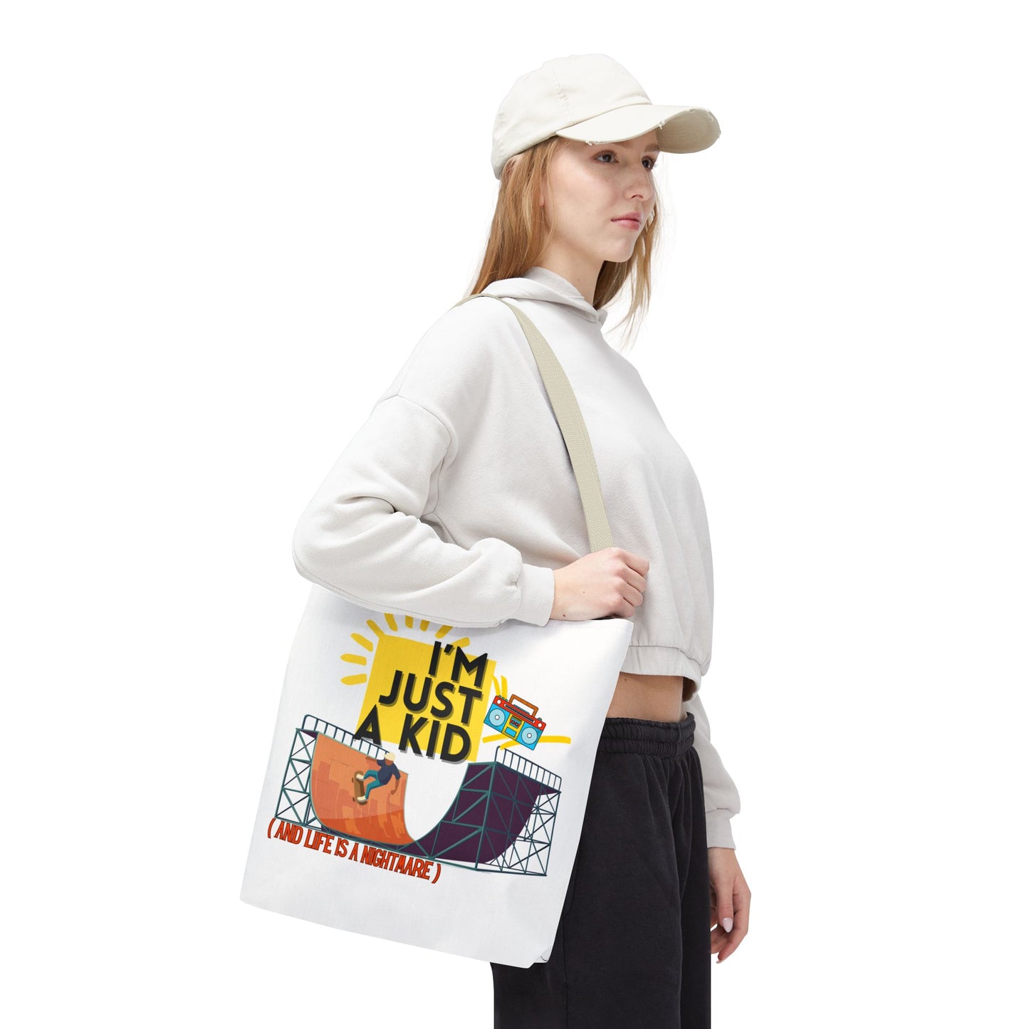 “I’m Just a Kid” Emotional Baggage Tote, Fun Kids Tote, Birthday Gift, School Bag, Everyday Essentials, AOP Design - Mixtape Hearts