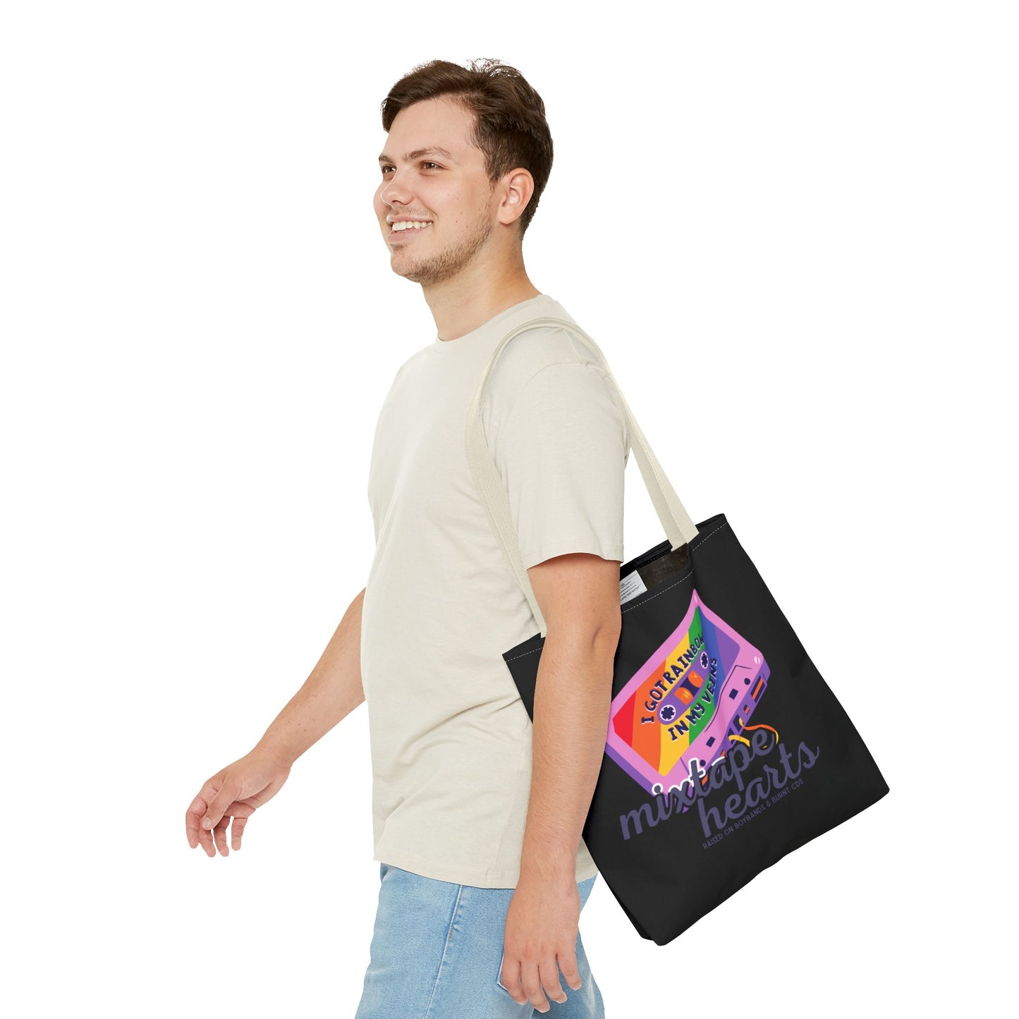 Raised on Boybands & Burnt CDs Tote Bag – Nostalgic Music Tote, Cute Tote, Gift for Fangirls, Fan Merchandise, Artsy Bag, AOP Design - Mixtape Hearts