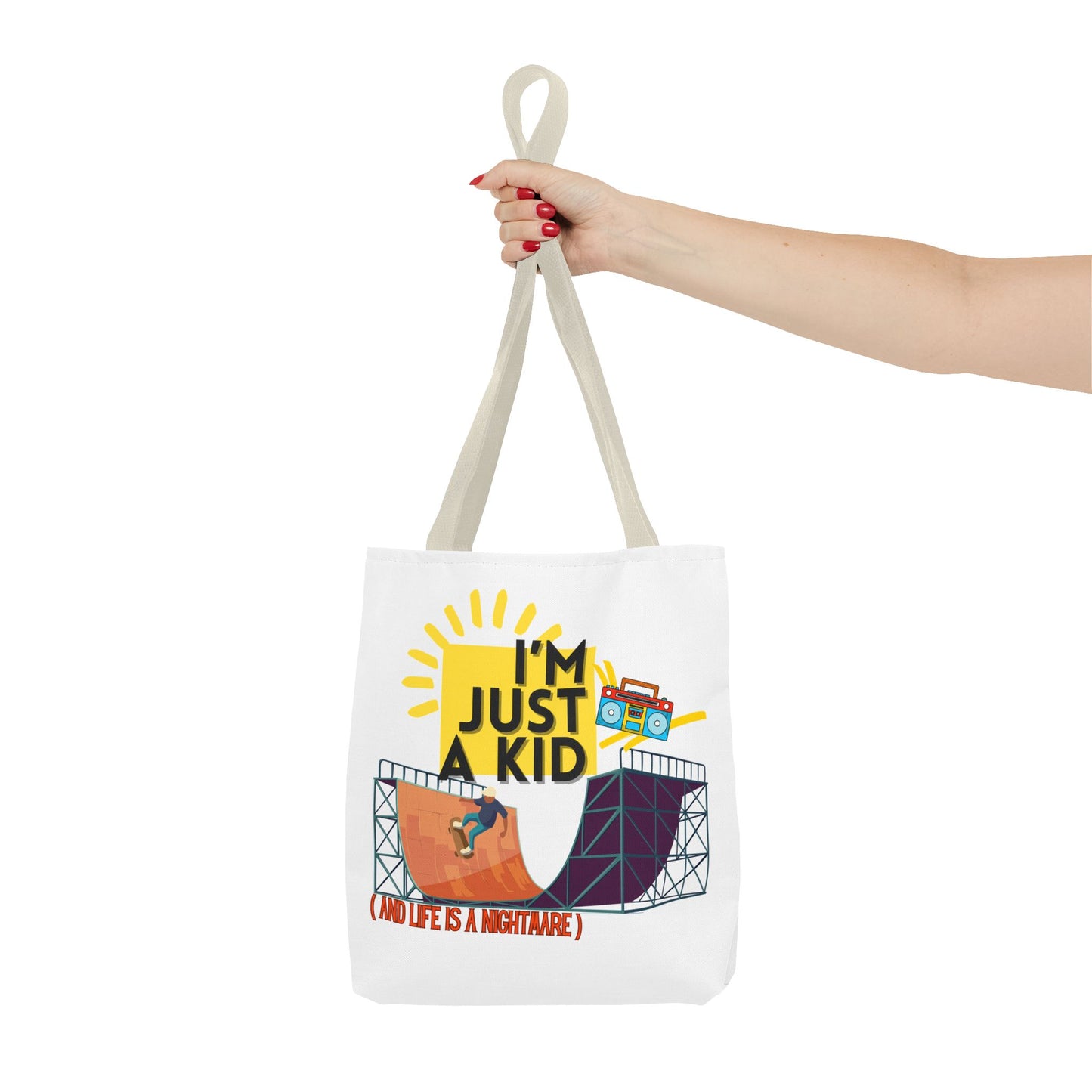 “I’m Just a Kid” Emotional Baggage Tote, Fun Kids Tote, Birthday Gift, School Bag, Everyday Essentials, AOP Design - Mixtape Hearts