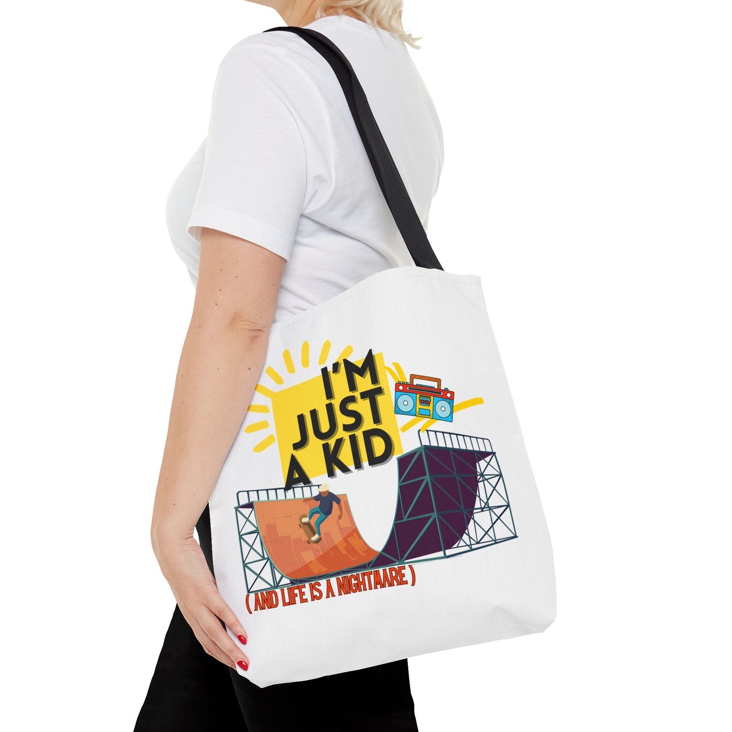 “I’m Just a Kid” Emotional Baggage Tote, Fun Kids Tote, Birthday Gift, School Bag, Everyday Essentials, AOP Design - Mixtape Hearts