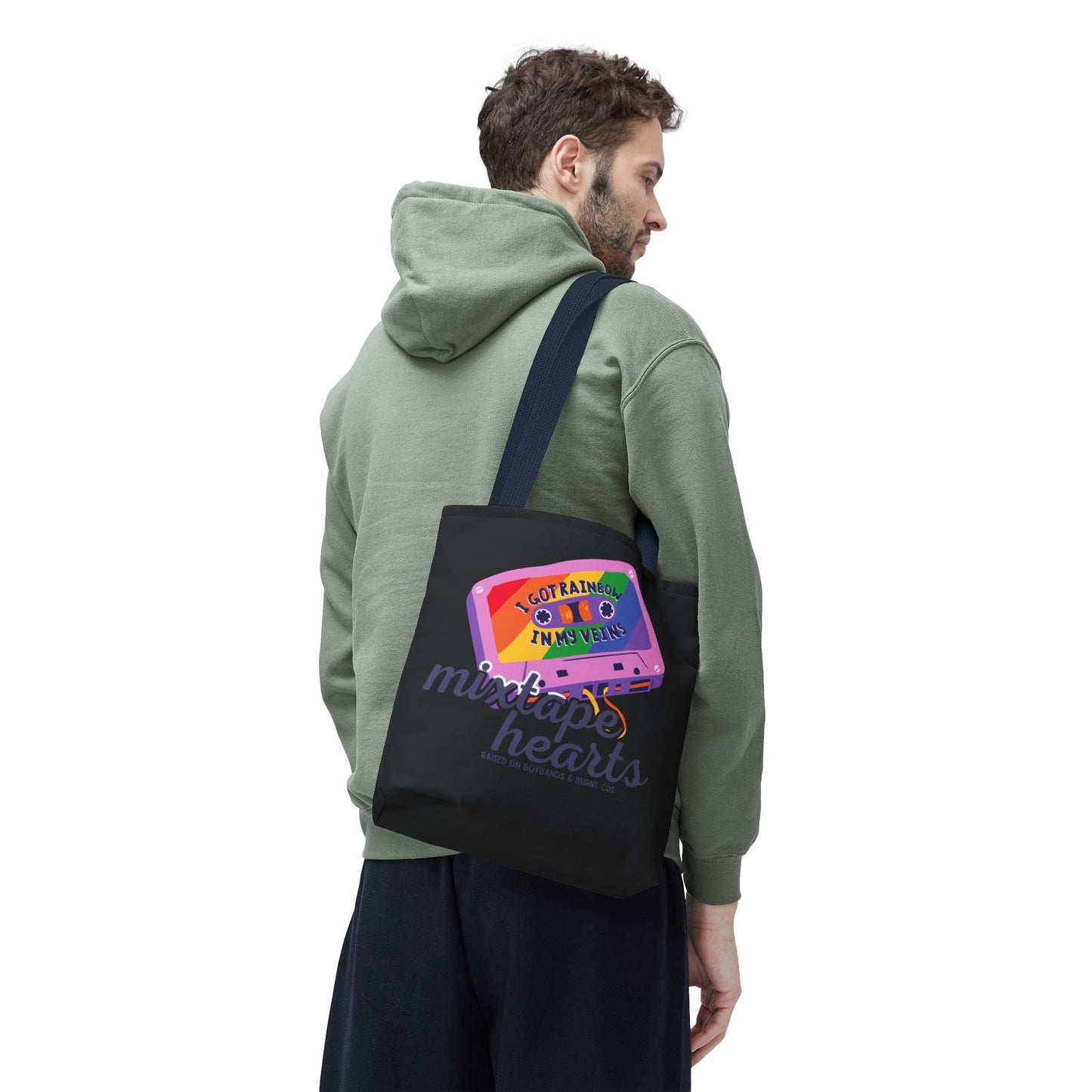 Raised on Boybands & Burnt CDs Tote Bag – Nostalgic Music Tote, Cute Tote, Gift for Fangirls, Fan Merchandise, Artsy Bag, AOP Design - Mixtape Hearts