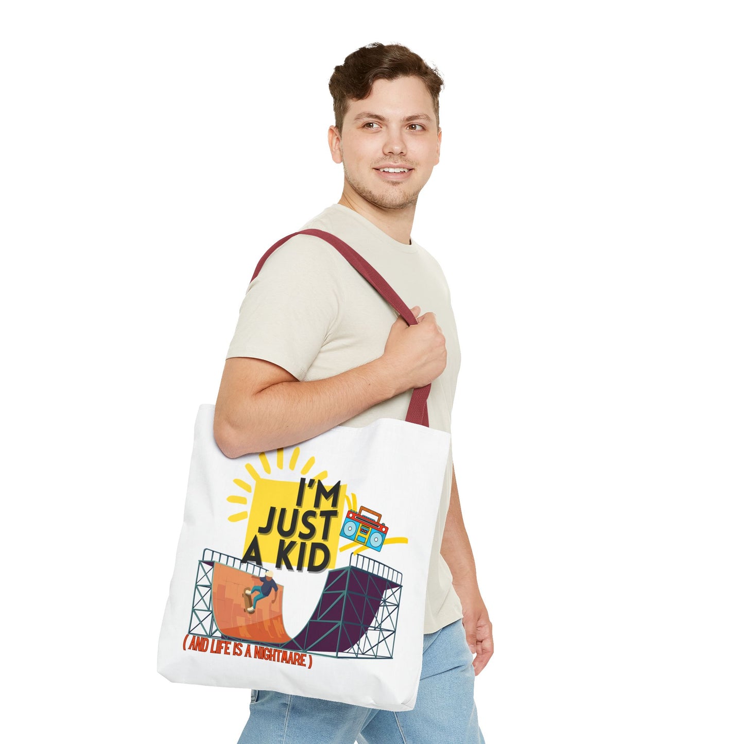 “I’m Just a Kid” Emotional Baggage Tote, Fun Kids Tote, Birthday Gift, School Bag, Everyday Essentials, AOP Design - Mixtape Hearts