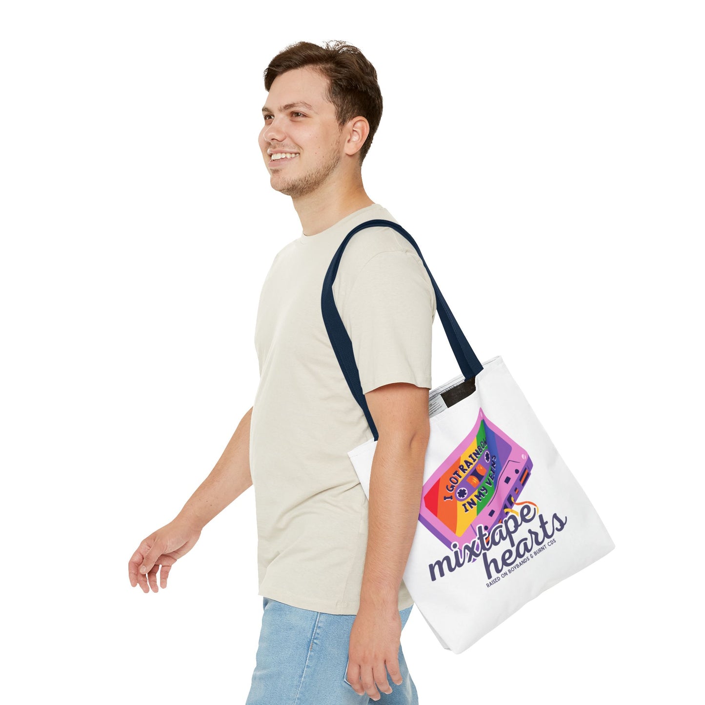 Raised on Boybands & Burnt CDs Tote Bag – Nostalgic Music Tote, Cute Tote, Gift for Fangirls, Fan Merchandise, Artsy Bag, AOP Design - Mixtape Hearts