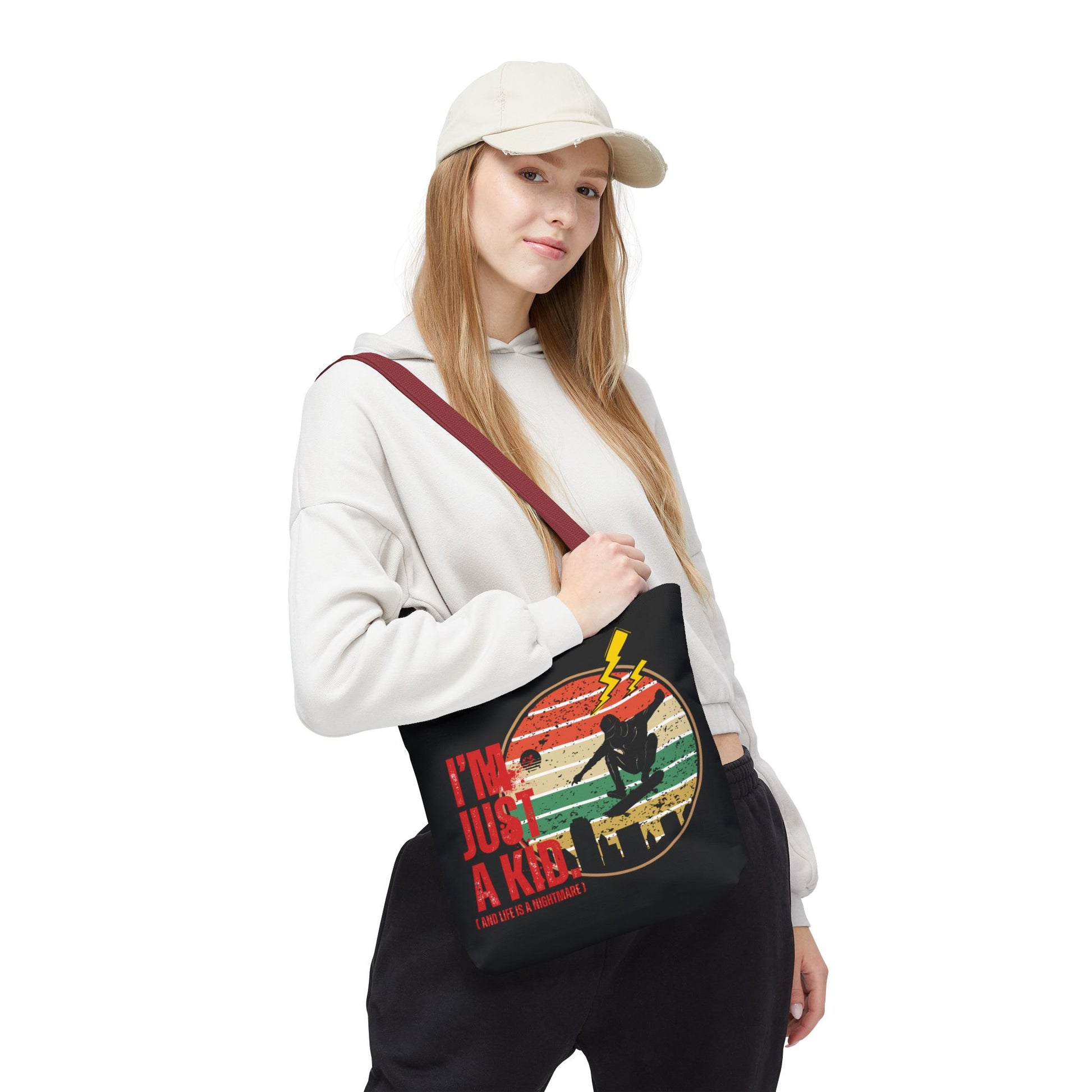 I’m Just a Kid Tote Bag – 2000s Pop Punk Aesthetic Canvas Bag for Emo Fans | Fun and Stylish Carryall | Great for School, Beach, Gifts, Everyday Use, AOP Design - Mixtape Hearts