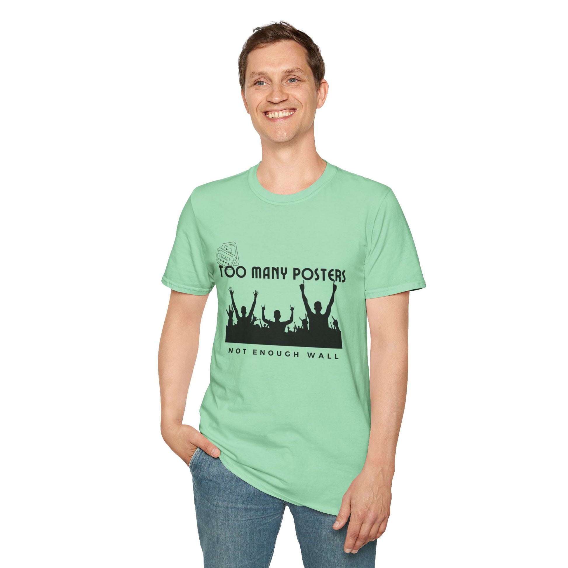 Too Many Posters, Not Enough Wall – 90s Nostalgia Unisex Tee| Gift for Walkman Fans, Vintage Style Tee, Casual Wear, Concert Outfit, Unisex Apparel - Mixtape Hearts