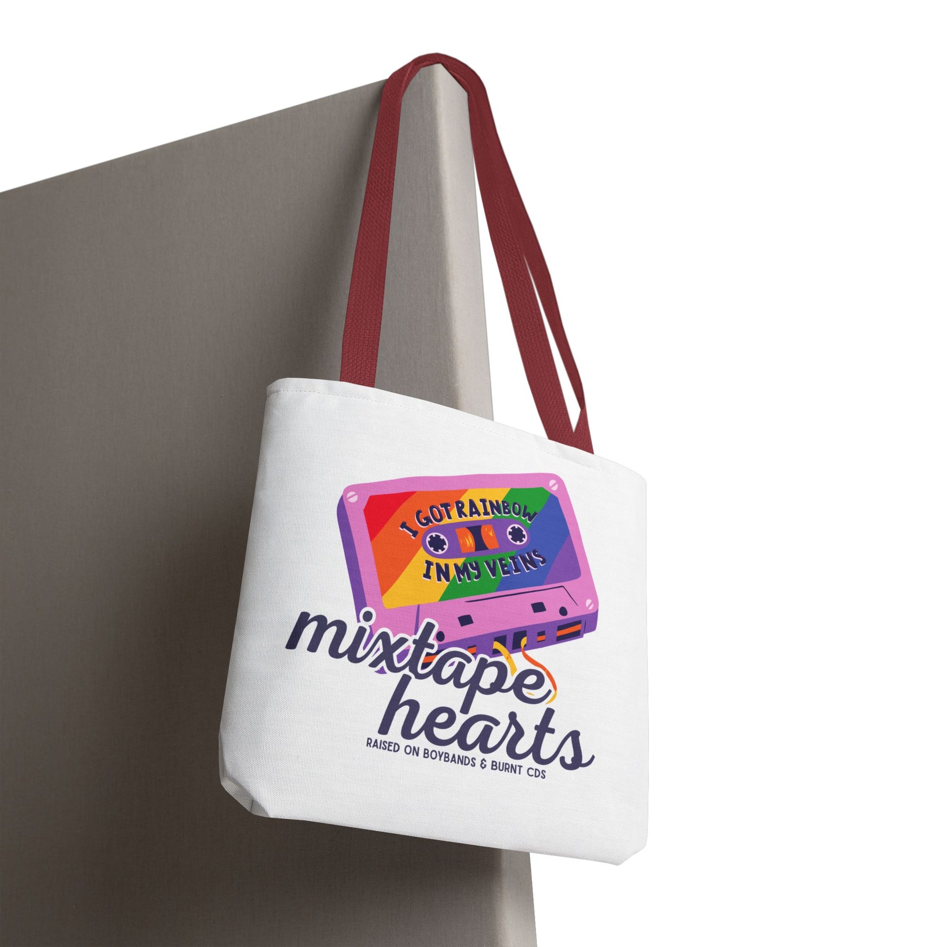 Raised on Boybands & Burnt CDs Tote Bag – Nostalgic Music Tote, Cute Tote, Gift for Fangirls, Fan Merchandise, Artsy Bag, AOP Design - Mixtape Hearts