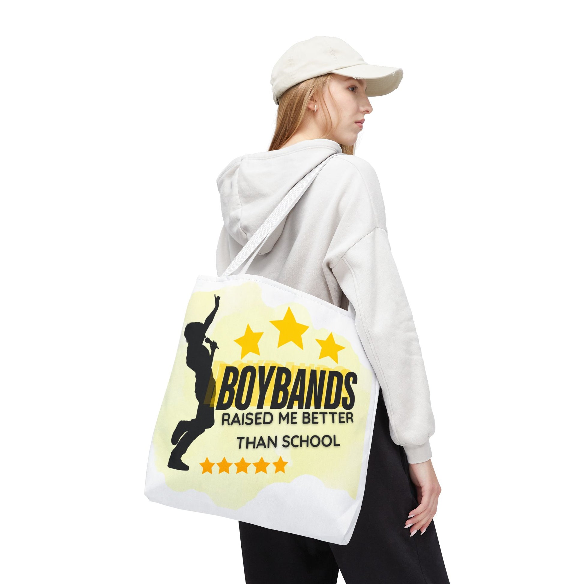 Boybands Raised Me Better Than School – Retro Music Tote, Nostalgic Music Tote, Cute Tote, Gift for Fangirls, Fan Merchandise, Artsy Bag, AOP Design - Mixtape Hearts