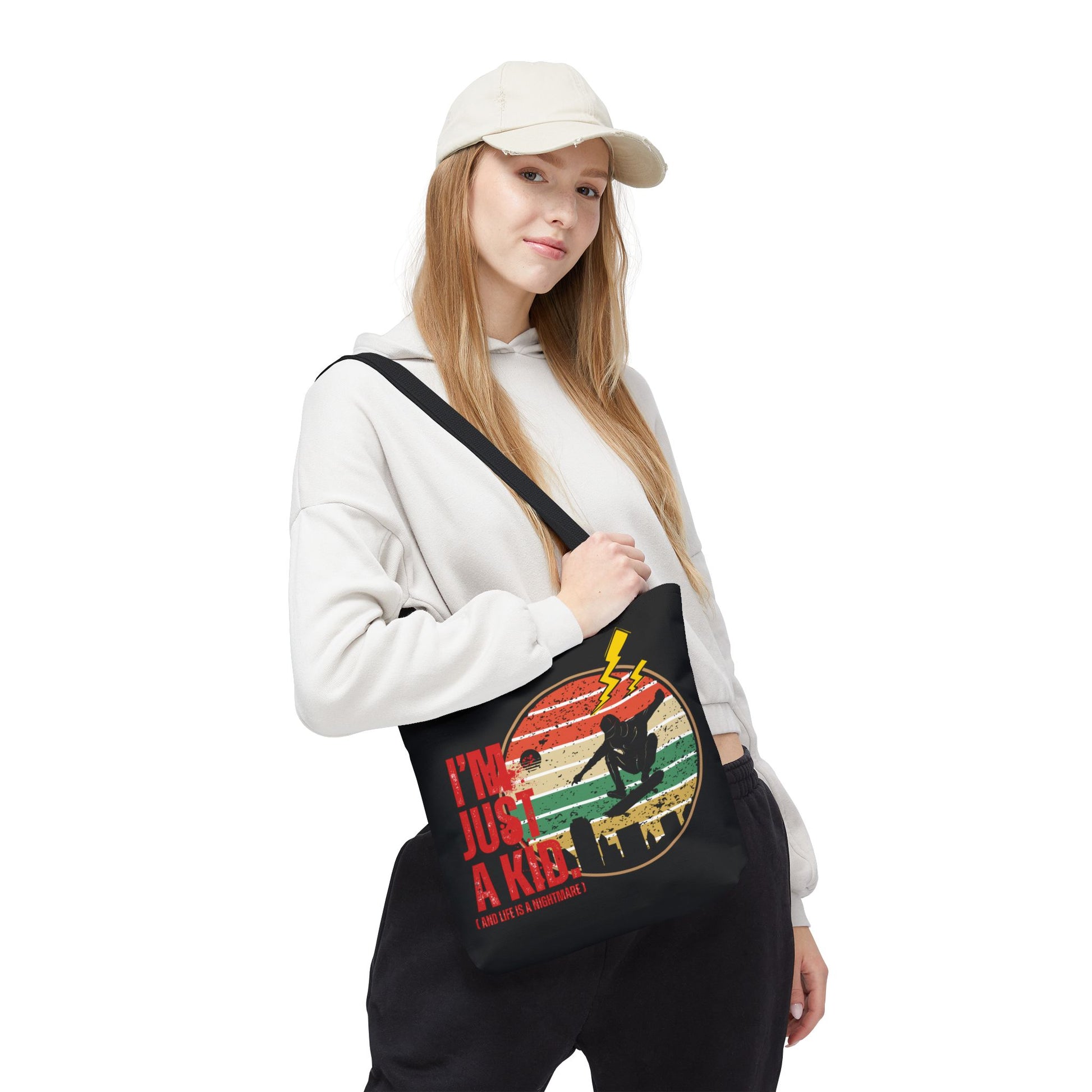 I’m Just a Kid Tote Bag – 2000s Pop Punk Aesthetic Canvas Bag for Emo Fans | Fun and Stylish Carryall | Great for School, Beach, Gifts, Everyday Use, AOP Design - Mixtape Hearts
