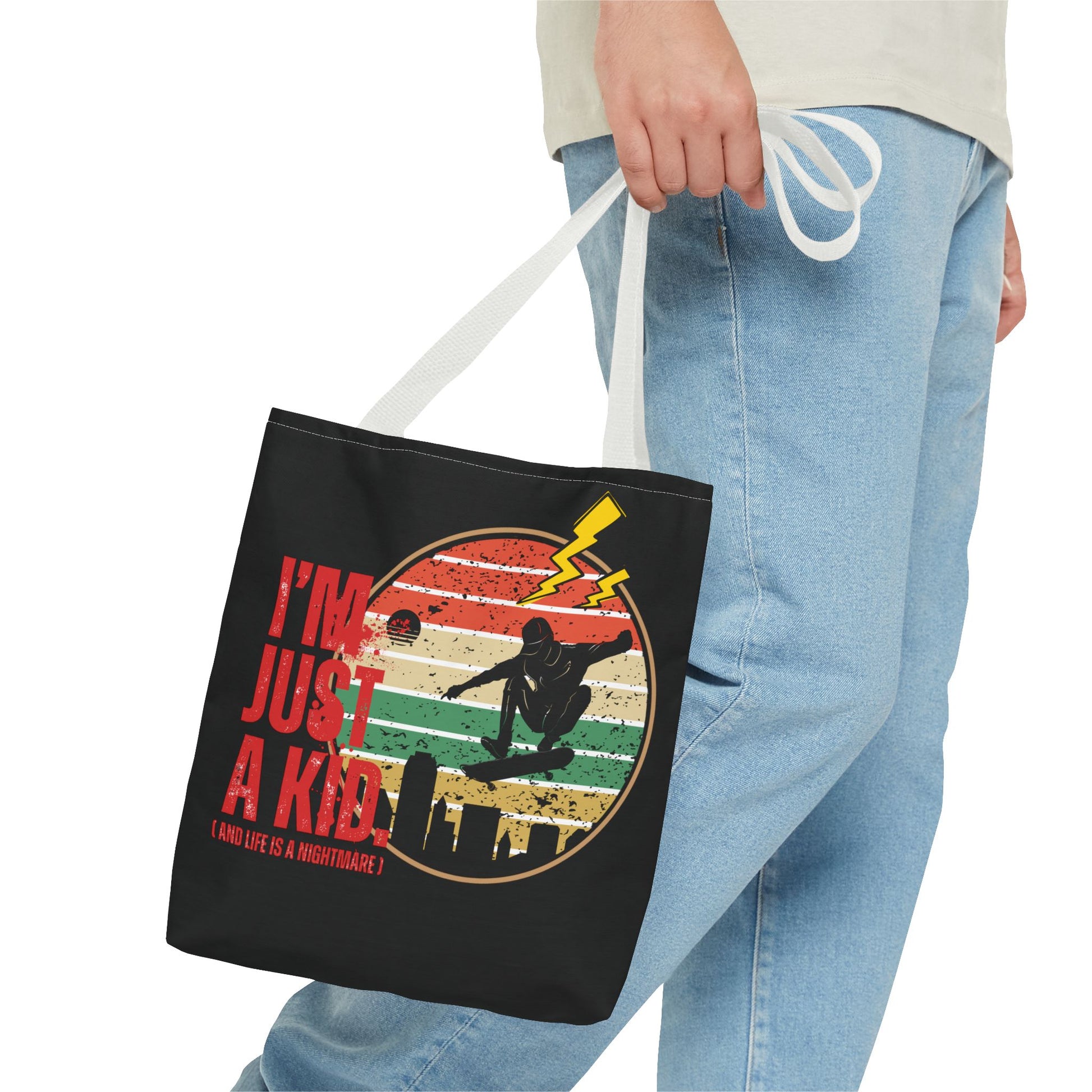 I’m Just a Kid Tote Bag – 2000s Pop Punk Aesthetic Canvas Bag for Emo Fans | Fun and Stylish Carryall | Great for School, Beach, Gifts, Everyday Use, AOP Design - Mixtape Hearts