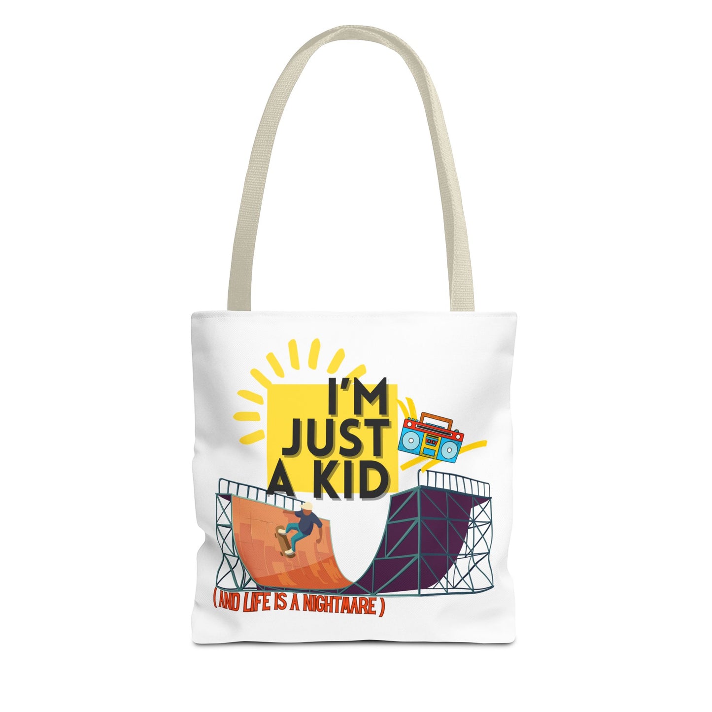 “I’m Just a Kid” Emotional Baggage Tote, Fun Kids Tote, Birthday Gift, School Bag, Everyday Essentials, AOP Design - Mixtape Hearts