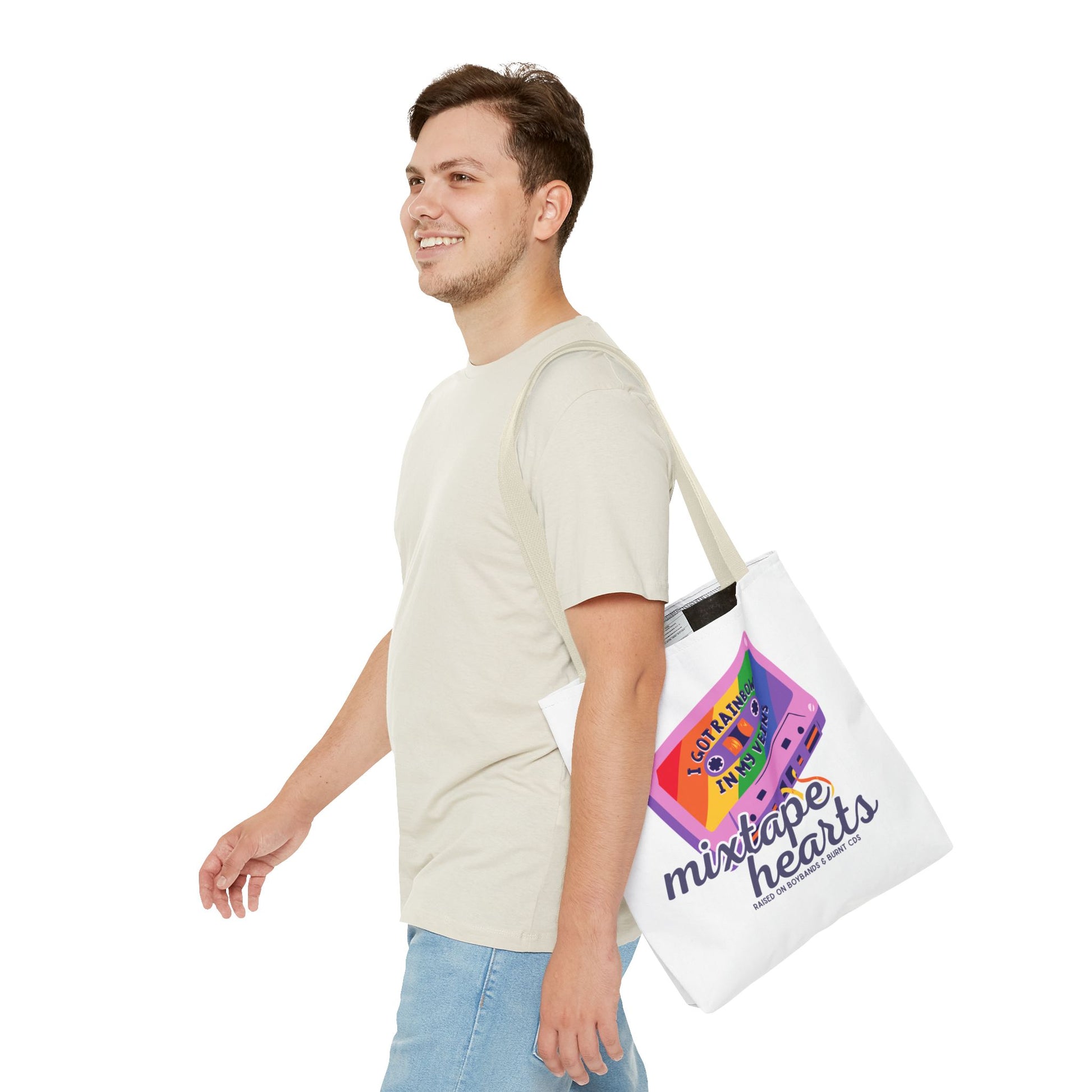 Raised on Boybands & Burnt CDs Tote Bag – Nostalgic Music Tote, Cute Tote, Gift for Fangirls, Fan Merchandise, Artsy Bag, AOP Design - Mixtape Hearts