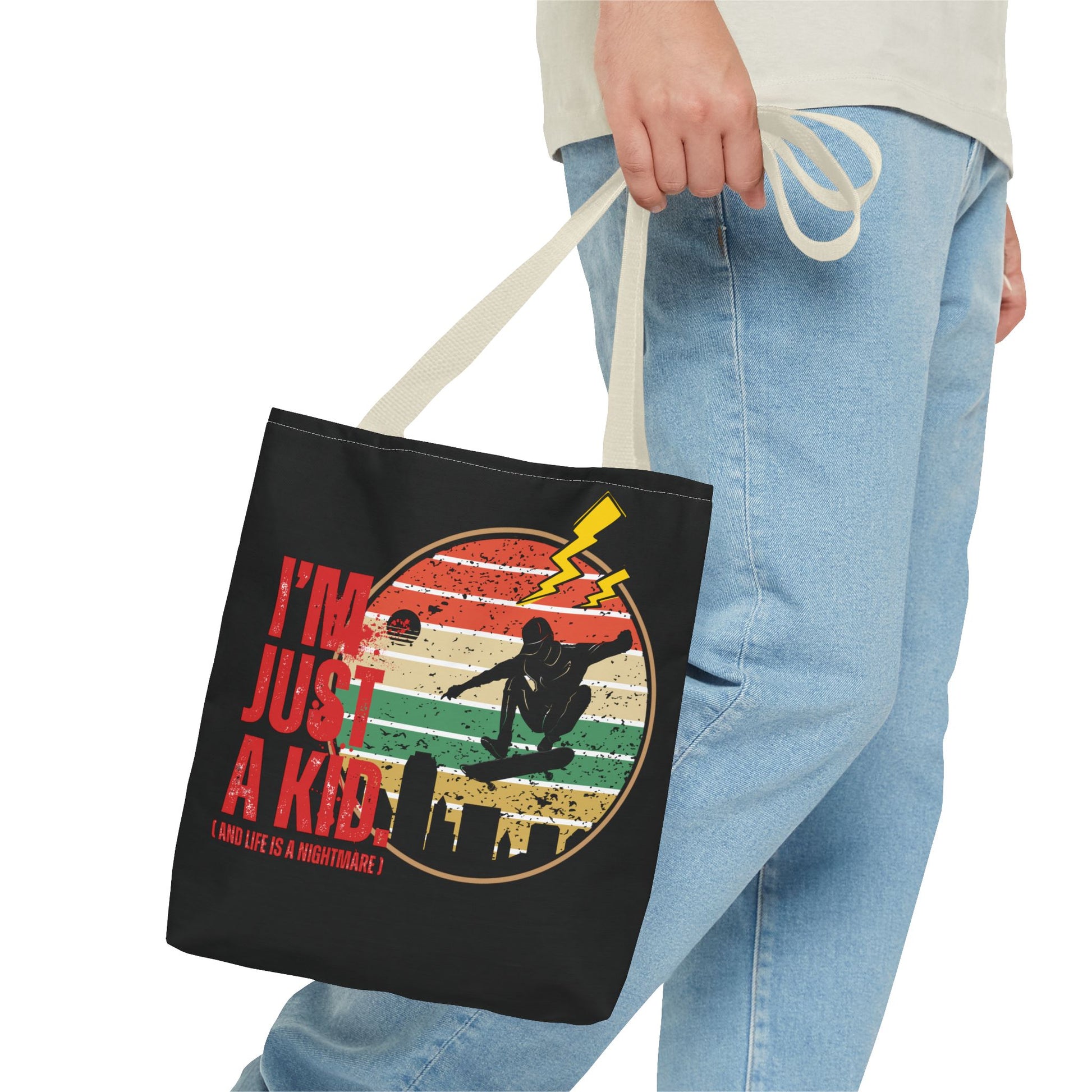 I’m Just a Kid Tote Bag – 2000s Pop Punk Aesthetic Canvas Bag for Emo Fans | Fun and Stylish Carryall | Great for School, Beach, Gifts, Everyday Use, AOP Design - Mixtape Hearts