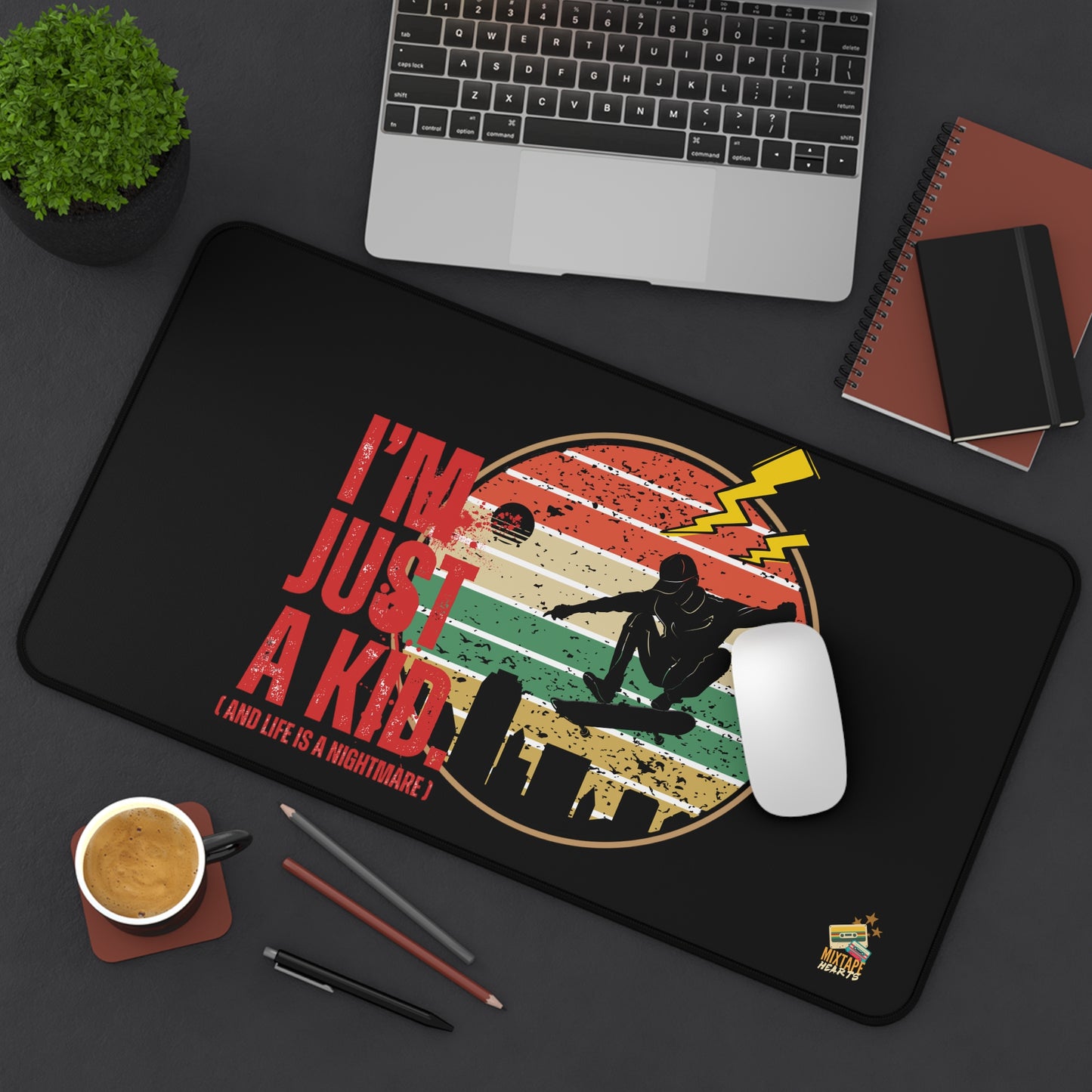 “I’m Just a Kid” – Emo Desk Mat for Emotionally Draining Tasks, Creative Workspace Decor, Gamer Gift, Fun Classroom Accessory, Quirky Office Decor - Mixtape Hearts