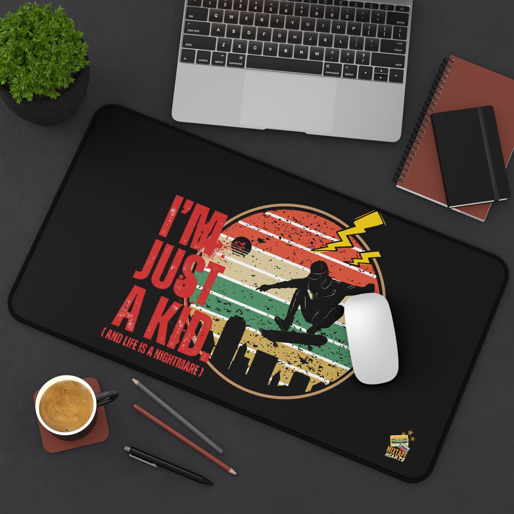 “I’m Just a Kid” – Emo Desk Mat for Emotionally Draining Tasks, Creative Workspace Decor, Gamer Gift, Fun Classroom Accessory, Quirky Office Decor - Mixtape Hearts