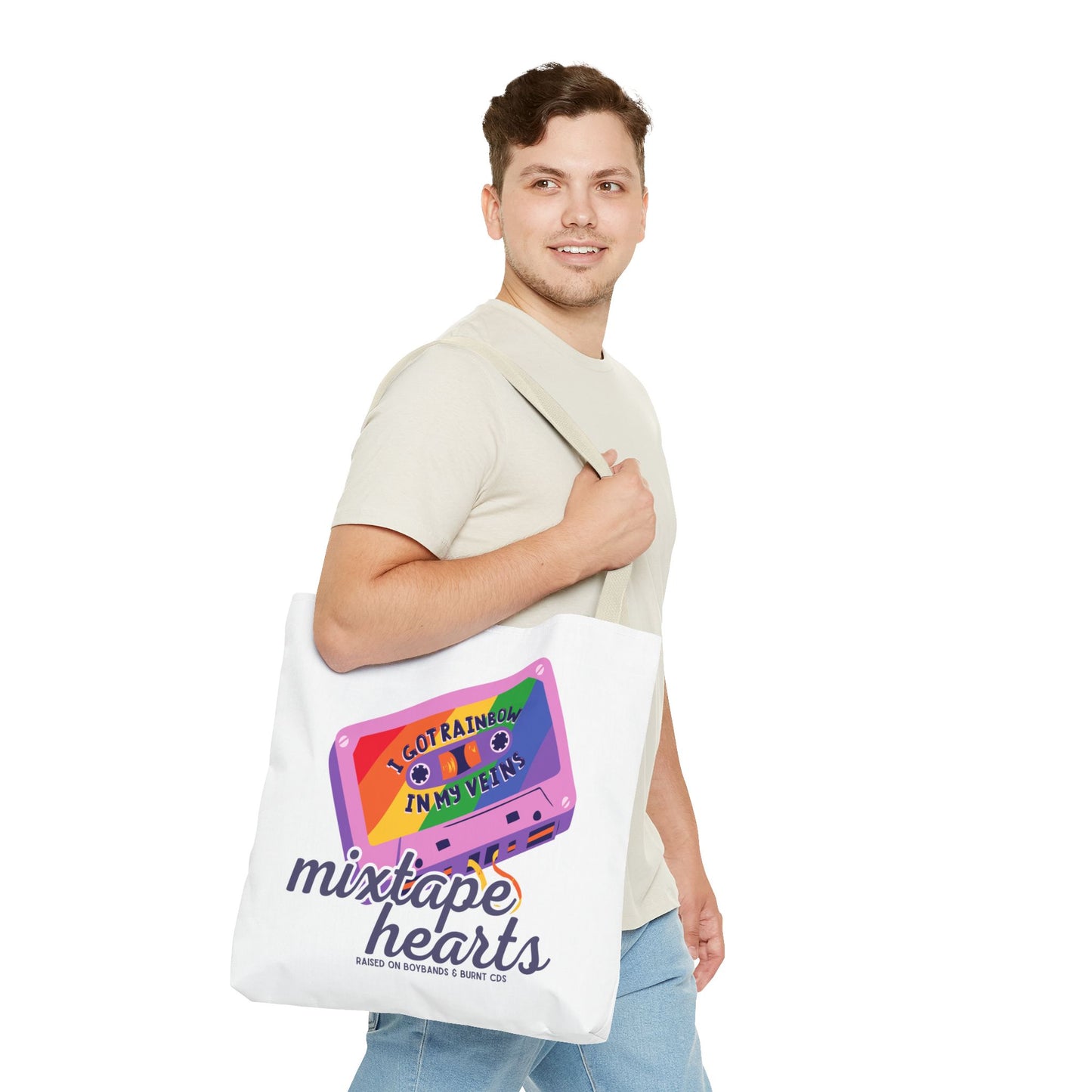 Raised on Boybands & Burnt CDs Tote Bag – Nostalgic Music Tote, Cute Tote, Gift for Fangirls, Fan Merchandise, Artsy Bag, AOP Design - Mixtape Hearts