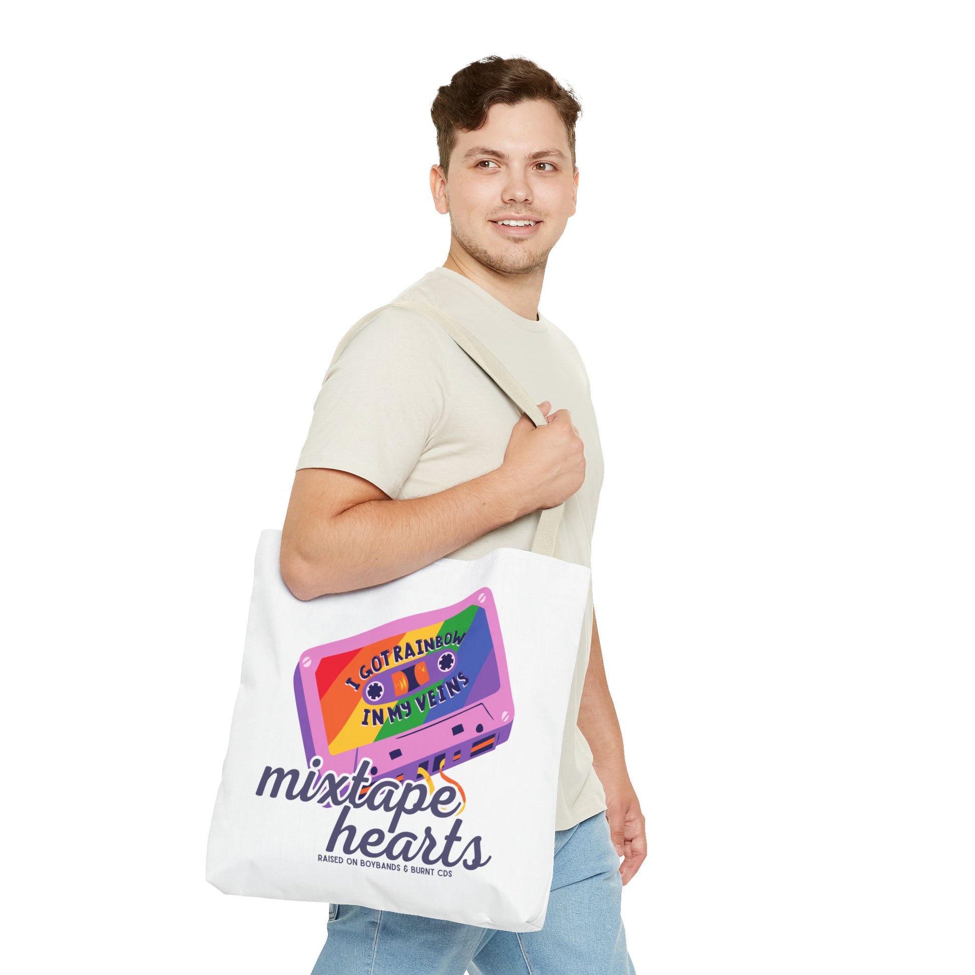 Raised on Boybands & Burnt CDs Tote Bag – Nostalgic Music Tote, Cute Tote, Gift for Fangirls, Fan Merchandise, Artsy Bag, AOP Design - Mixtape Hearts