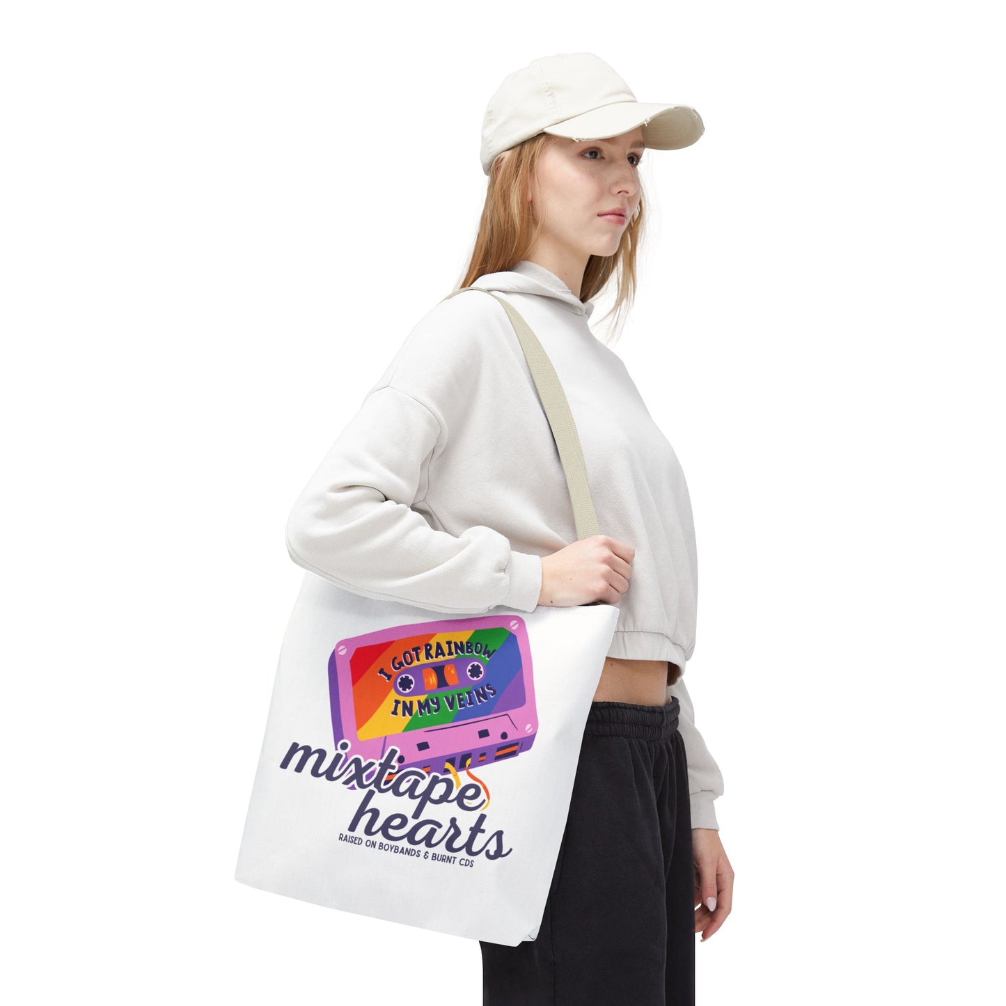 Raised on Boybands & Burnt CDs Tote Bag – Nostalgic Music Tote, Cute Tote, Gift for Fangirls, Fan Merchandise, Artsy Bag, AOP Design - Mixtape Hearts