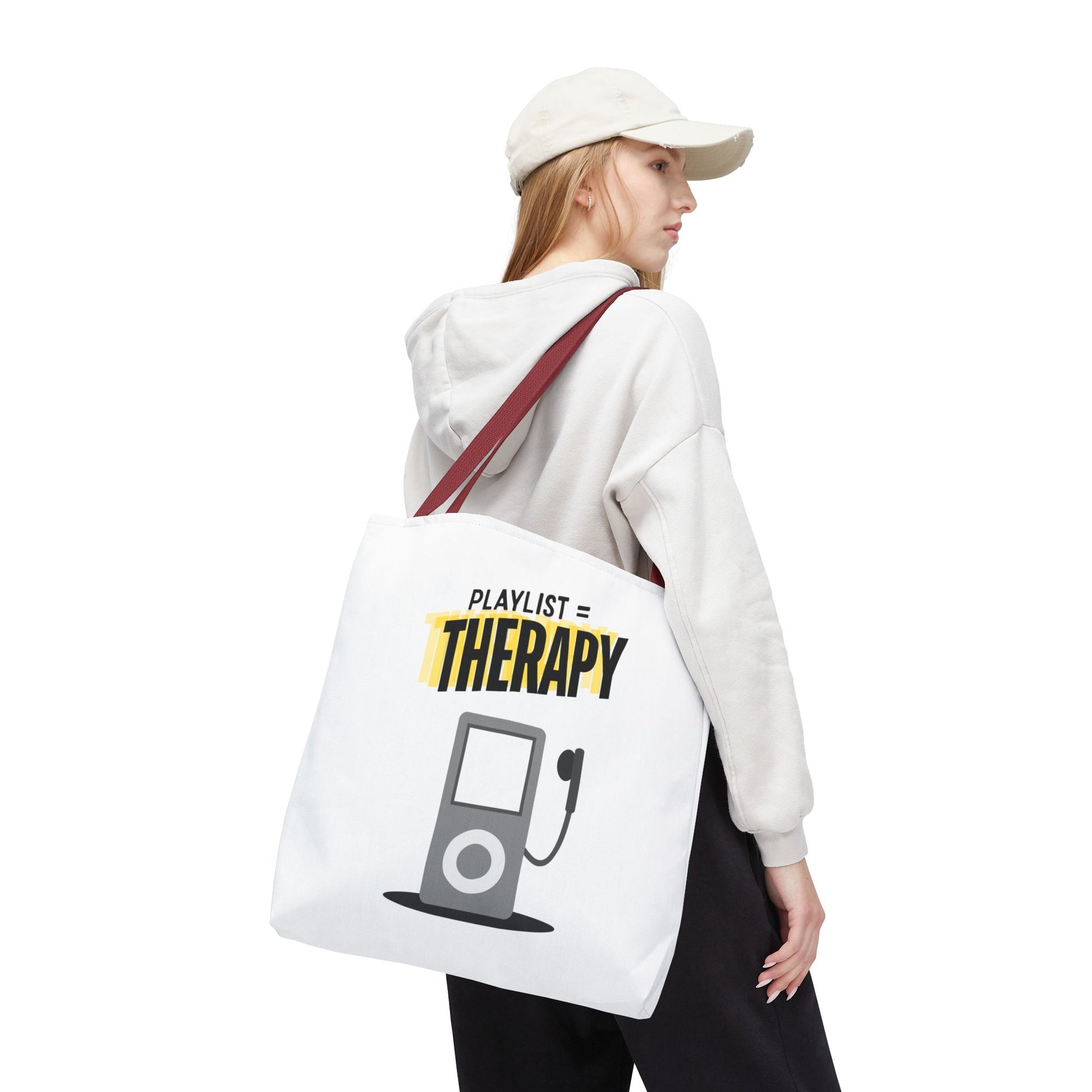 Playlist = Therapy Tote Bag – Nostalgic Music Tote, Cute Tote, Gift for Fangirls, Fan Merchandise, Artsy Bag, AOP Design - Mixtape Hearts