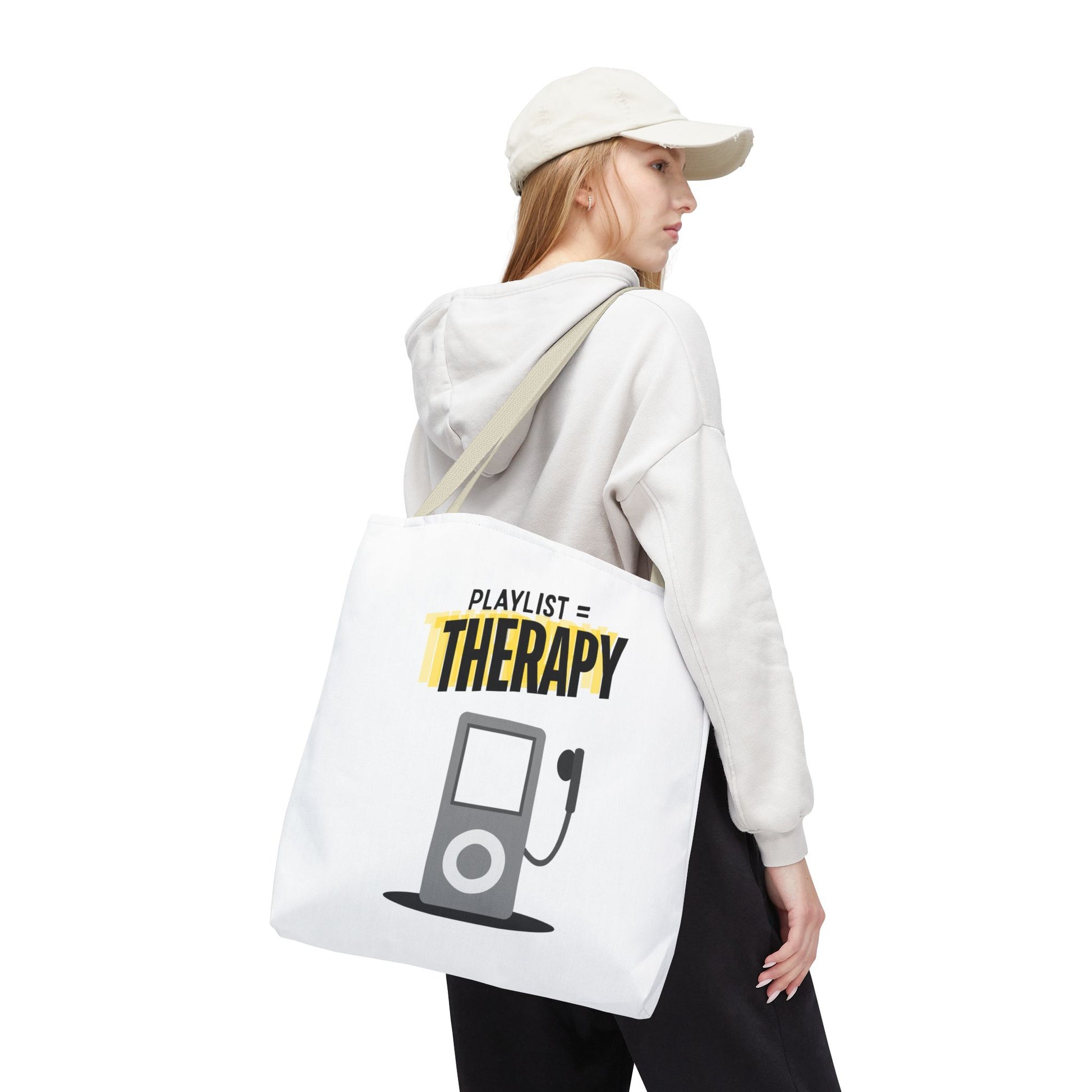 Playlist = Therapy Tote Bag – Nostalgic Music Tote, Cute Tote, Gift for Fangirls, Fan Merchandise, Artsy Bag, AOP Design - Mixtape Hearts