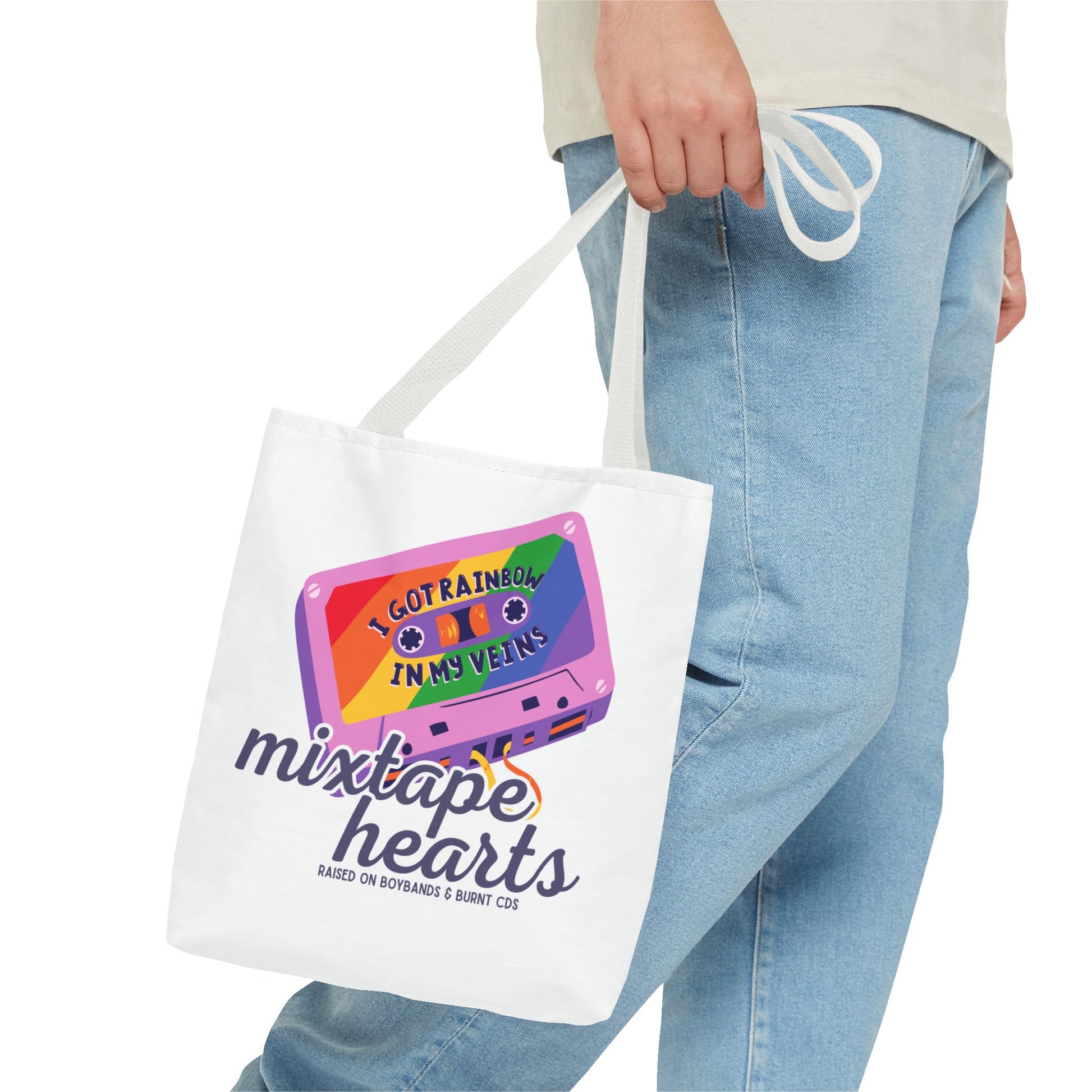 Raised on Boybands & Burnt CDs Tote Bag – Nostalgic Music Tote, Cute Tote, Gift for Fangirls, Fan Merchandise, Artsy Bag, AOP Design - Mixtape Hearts