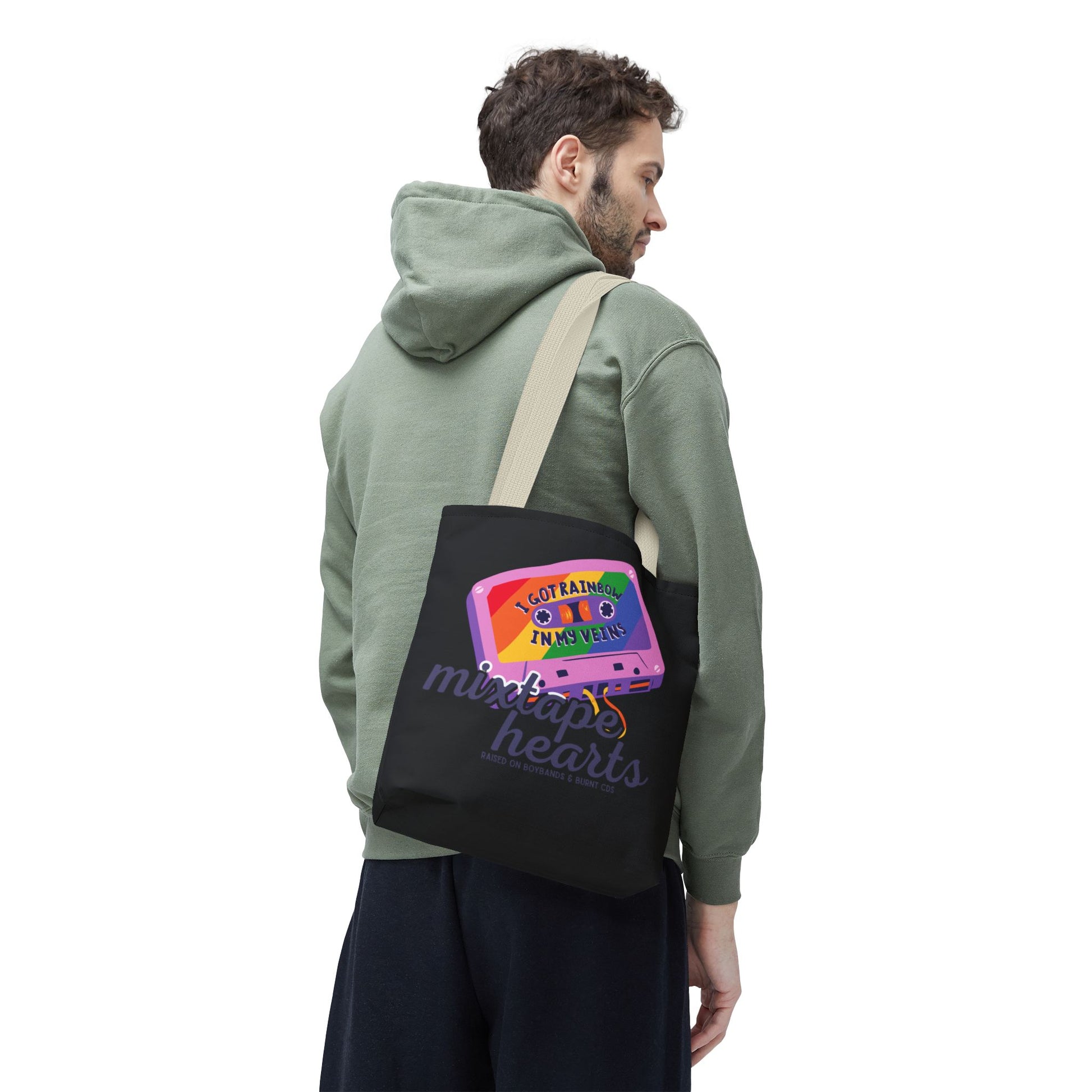 Raised on Boybands & Burnt CDs Tote Bag – Nostalgic Music Tote, Cute Tote, Gift for Fangirls, Fan Merchandise, Artsy Bag, AOP Design - Mixtape Hearts
