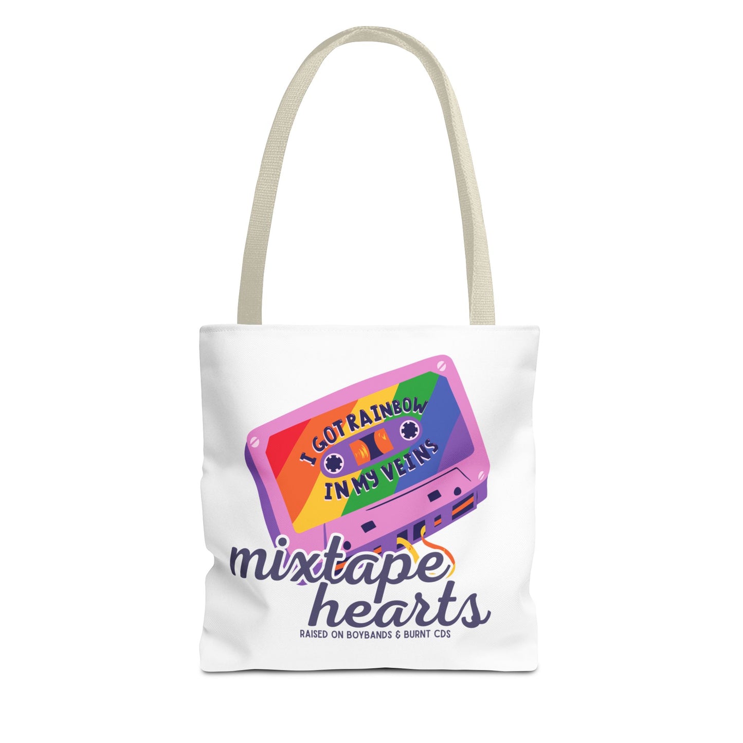 Raised on Boybands & Burnt CDs Tote Bag – Nostalgic Music Tote, Cute Tote, Gift for Fangirls, Fan Merchandise, Artsy Bag, AOP Design - Mixtape Hearts