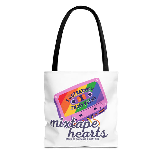 Raised on Boybands & Burnt CDs Tote Bag – Nostalgic Music Tote, Cute Tote, Gift for Fangirls, Fan Merchandise, Artsy Bag, AOP Design - Mixtape Hearts