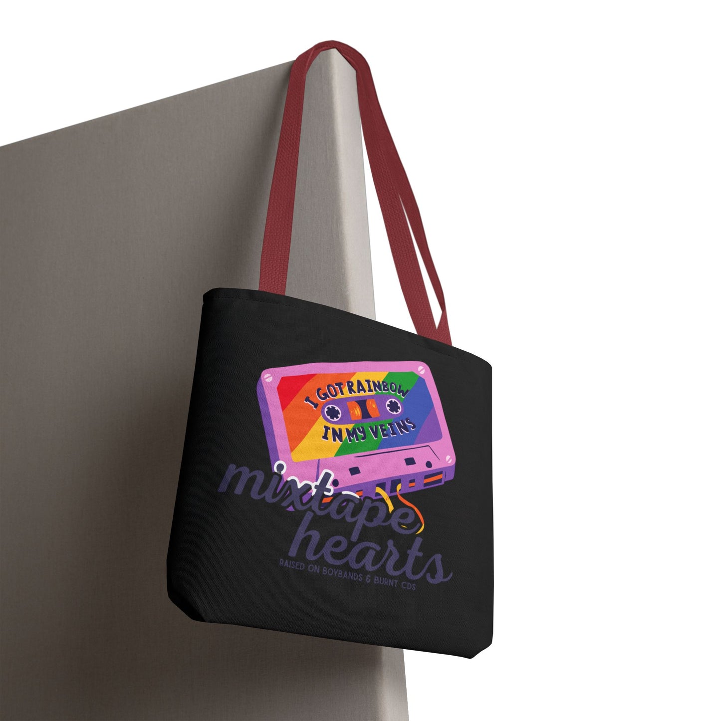 Raised on Boybands & Burnt CDs Tote Bag – Nostalgic Music Tote, Cute Tote, Gift for Fangirls, Fan Merchandise, Artsy Bag, AOP Design - Mixtape Hearts