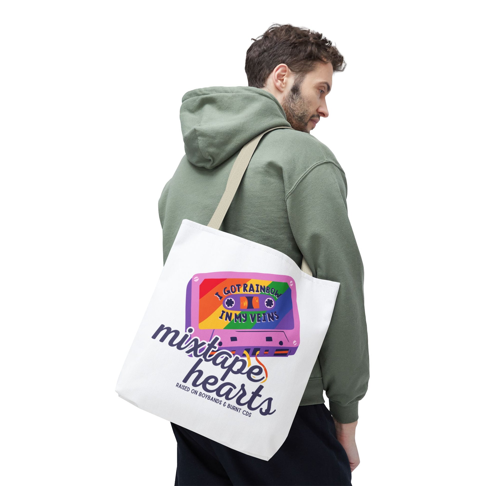 Raised on Boybands & Burnt CDs Tote Bag – Nostalgic Music Tote, Cute Tote, Gift for Fangirls, Fan Merchandise, Artsy Bag, AOP Design - Mixtape Hearts