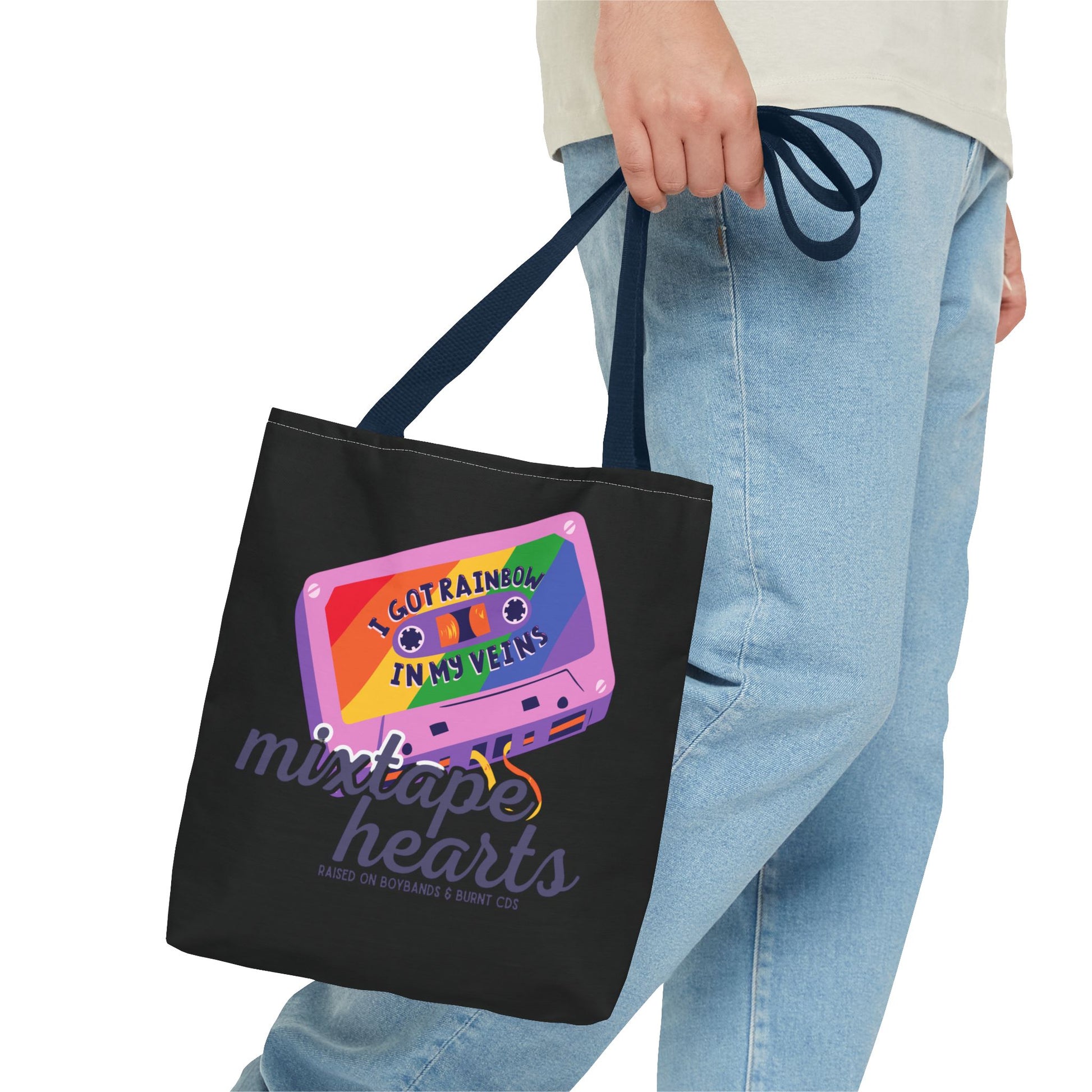 Raised on Boybands & Burnt CDs Tote Bag – Nostalgic Music Tote, Cute Tote, Gift for Fangirls, Fan Merchandise, Artsy Bag, AOP Design - Mixtape Hearts