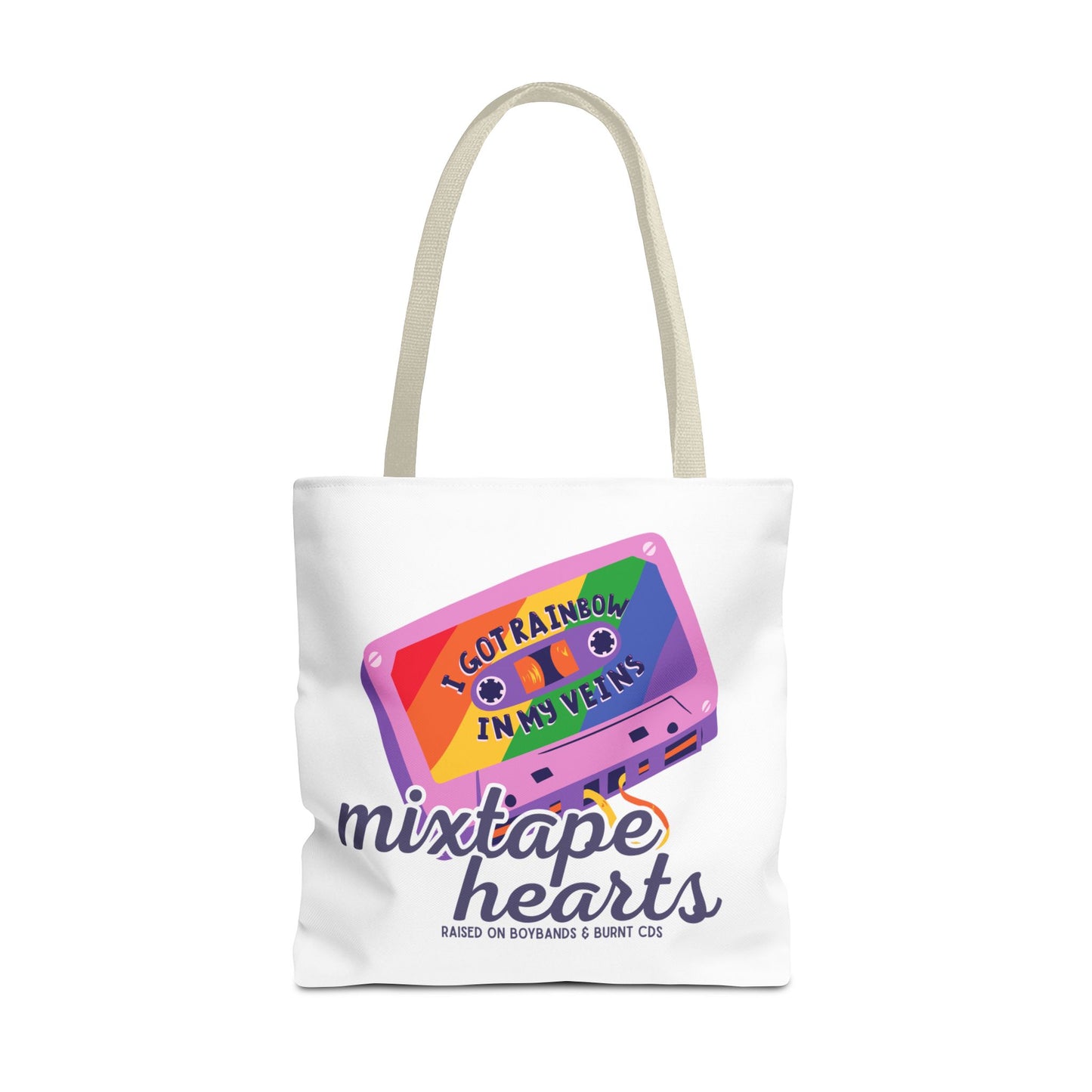 Raised on Boybands & Burnt CDs Tote Bag – Nostalgic Music Tote, Cute Tote, Gift for Fangirls, Fan Merchandise, Artsy Bag, AOP Design - Mixtape Hearts