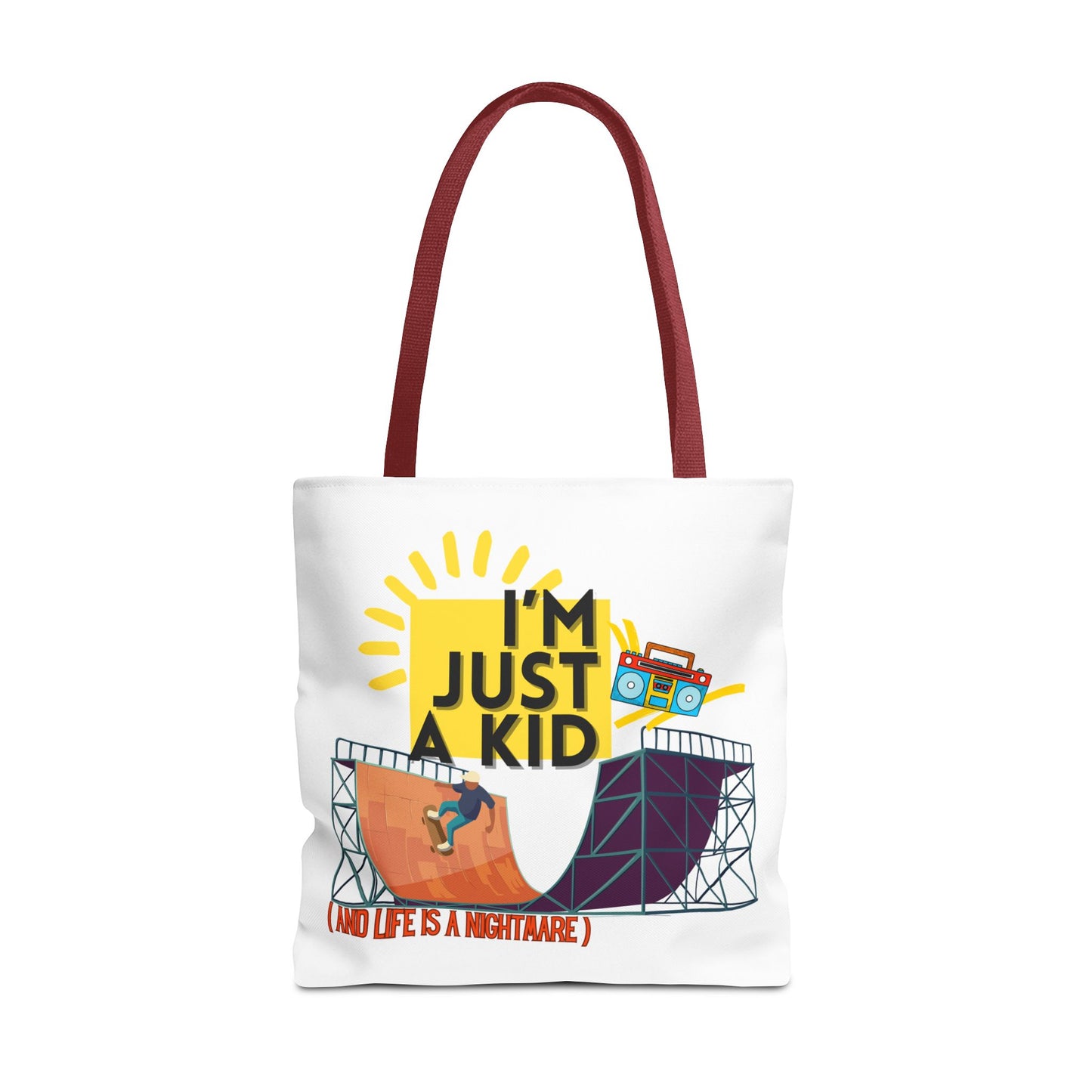 “I’m Just a Kid” Emotional Baggage Tote, Fun Kids Tote, Birthday Gift, School Bag, Everyday Essentials, AOP Design - Mixtape Hearts