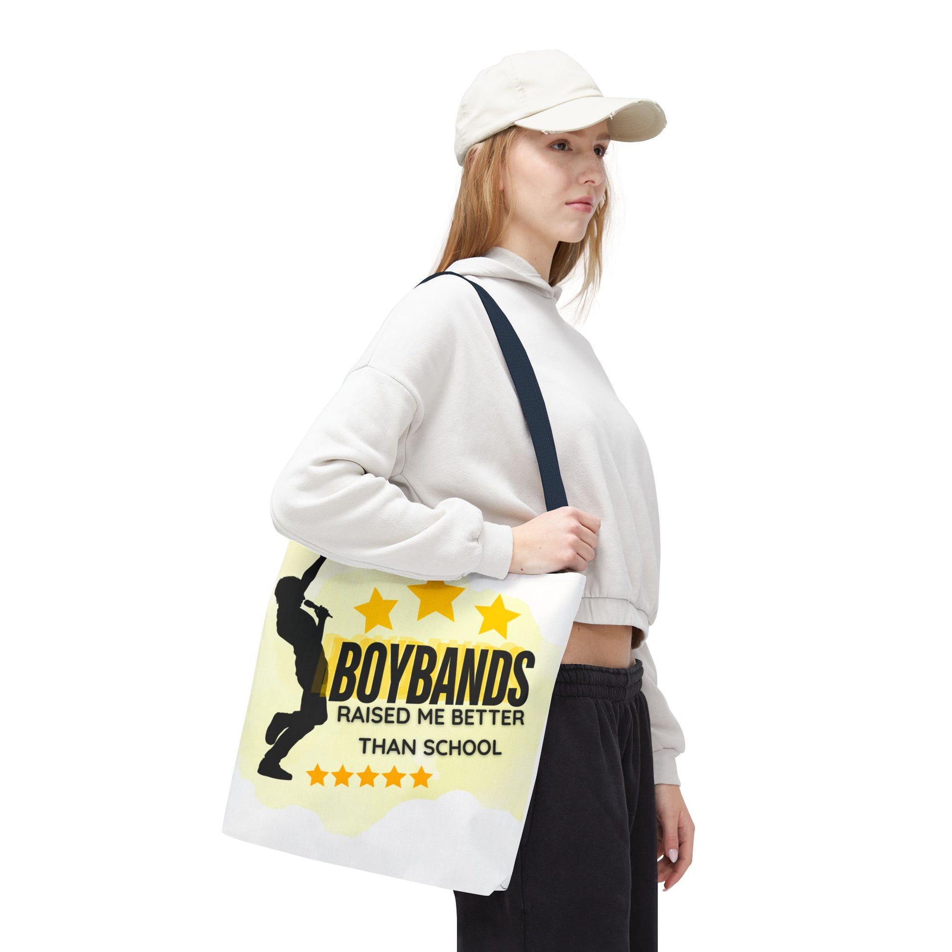 Boybands Raised Me Better Than School – Retro Music Tote, Nostalgic Music Tote, Cute Tote, Gift for Fangirls, Fan Merchandise, Artsy Bag, AOP Design - Mixtape Hearts