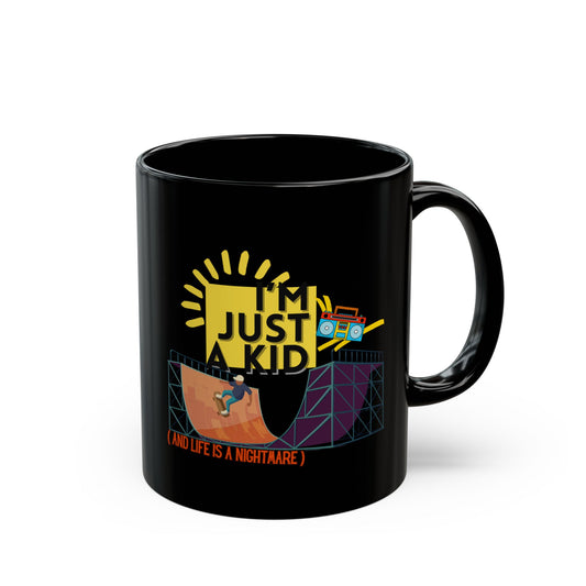 “I’m Just a Kid” Cry-While-Sipping Black Mug – Skateboarding Vibes, Perfect for Gifts, Birthdays, Coffee Lovers, Cheerful Home Decor - Mixtape Hearts